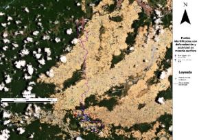 Con la ayuda de imágenes satelitales la Unidad de Monitoreo Georeferencial Satelital del Ministerio Público reportó un preocupante avance de la deforestación en la zona de amortiguamiento de la Reserva Nacional de Tambopata, en Madre de Dios. ANDINA/Difusión