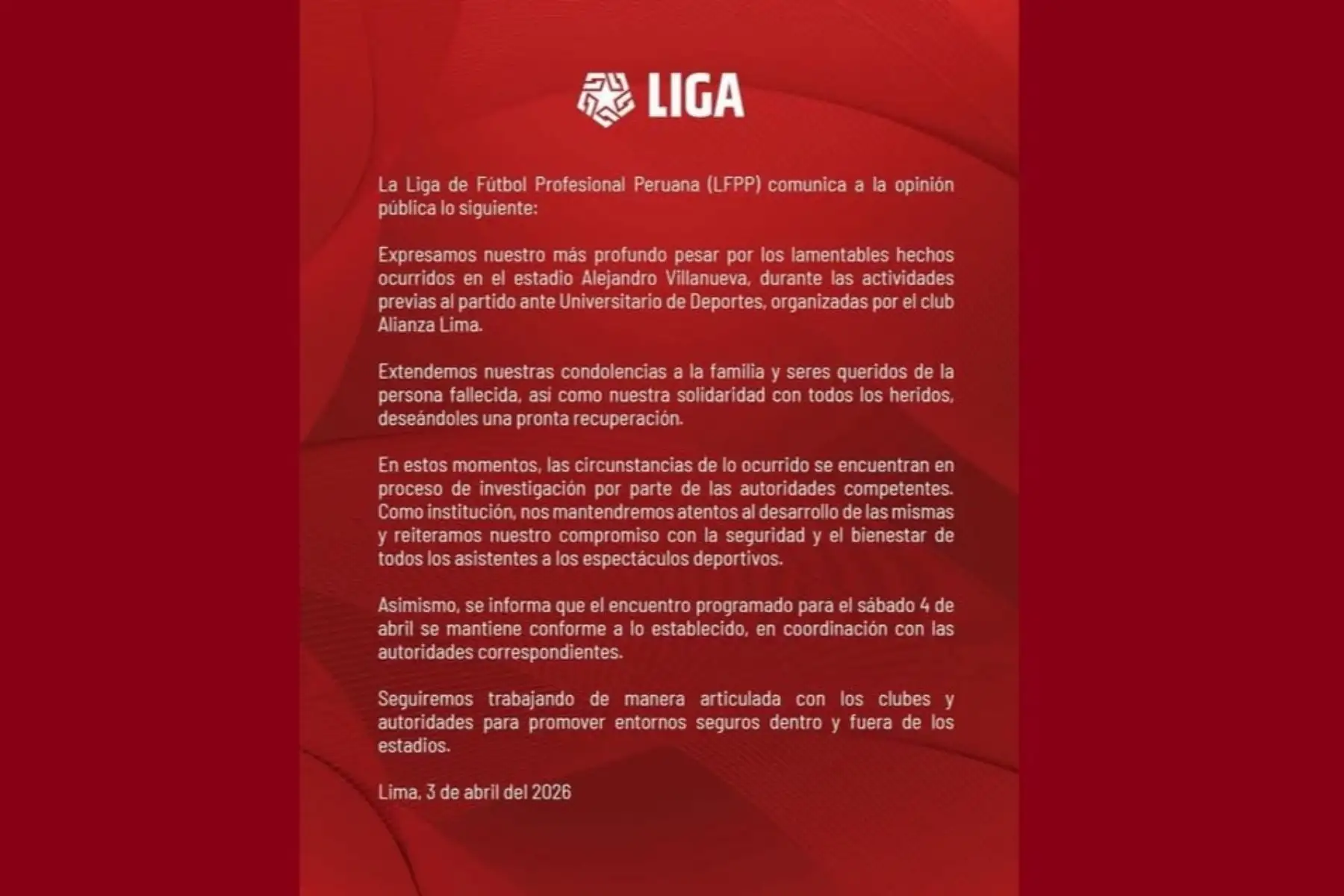 Comunicado de la LFPP sobre el superclásico del fútbol peruano. Imagen: X