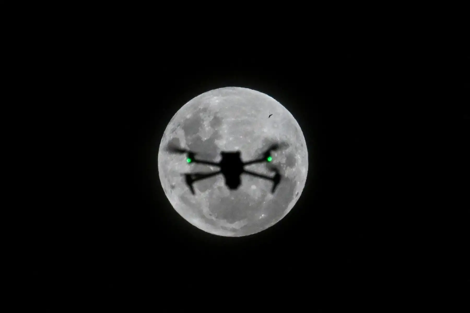 La silueta de un pájaro y un dron se divisan mientras una luna llena rosada se eleva en Buenos Aires. Foto: ANDINA/AFP