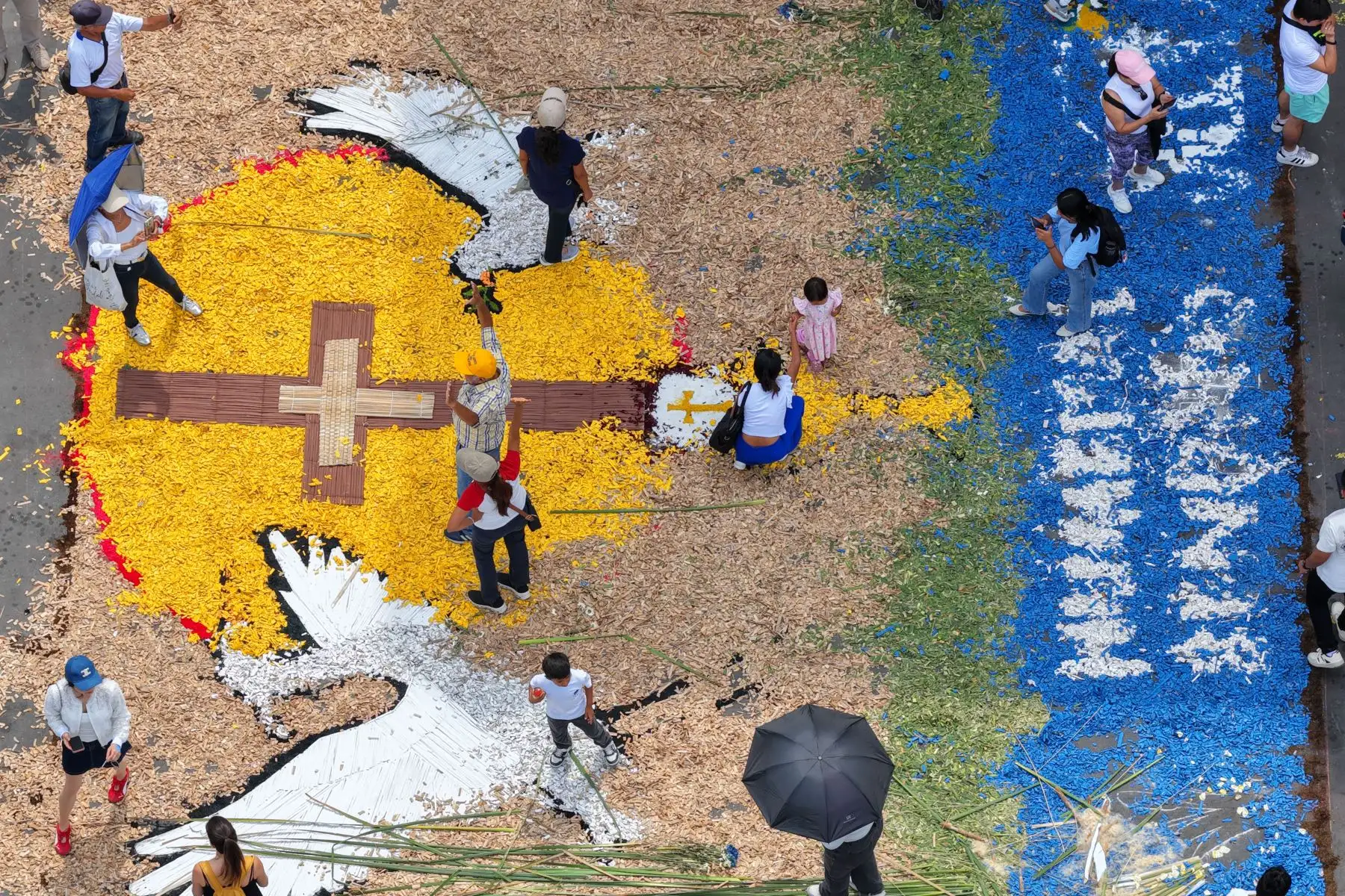 En el “Concurso de Palmas y Alfombras Florales – Semana Santa 2026” realizado en la Plaza Mayor de Lima, las alfombras están elaboradas en un 80% con flores naturales y elementos tradicionales, y destacan por sus diseños llenos de simbolismo religioso y mensajes de fe. Foto: ANDINA/Daniel Bracamonte
