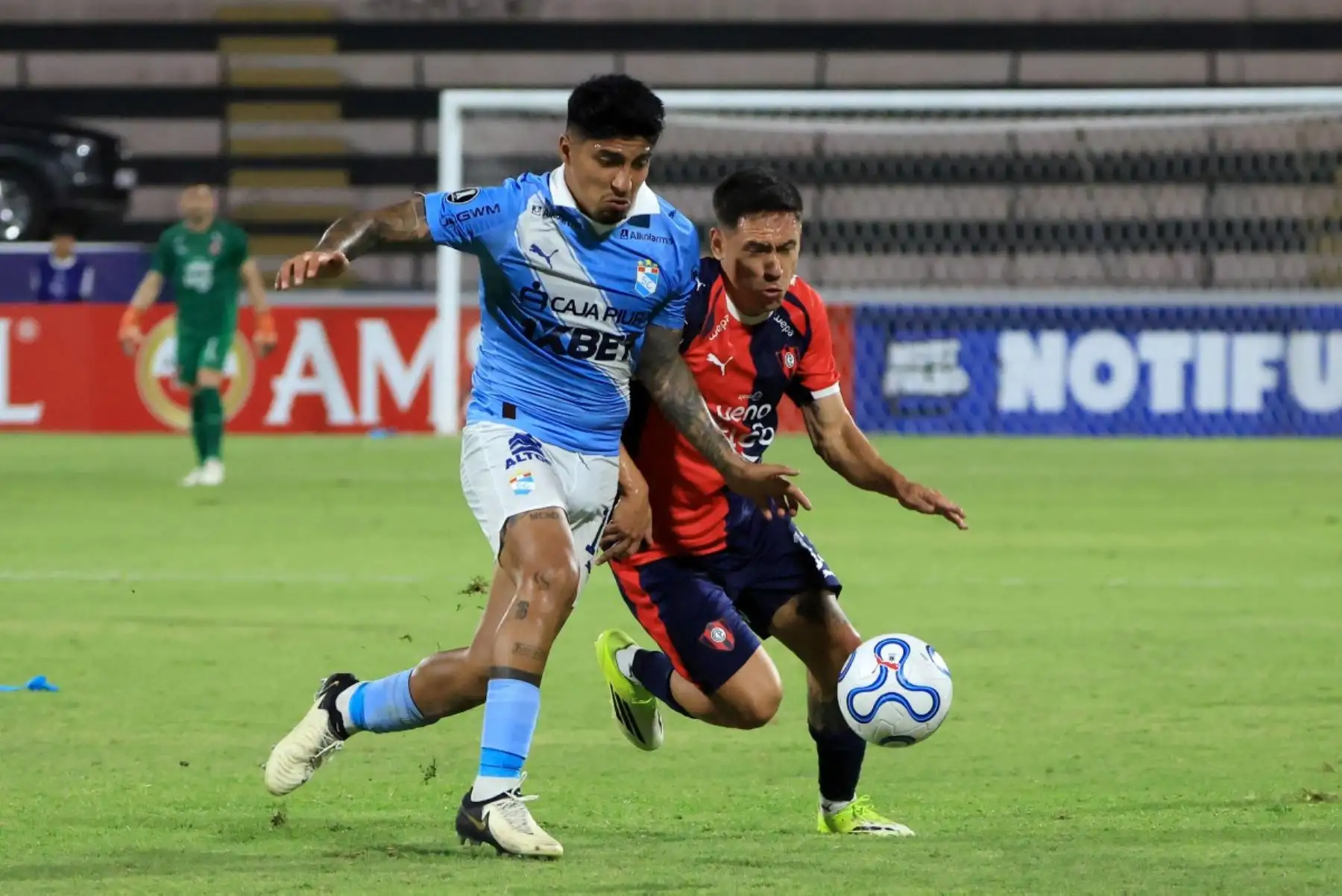 El delantero del Sporting Cristal, Luis Ibérico, y el defensa argentino del Cerro Porteño, Guillermo Benítez, luchan por el balón durante el partido de la fase de grupos de la Copa Libertadores entre el Sporting Cristal de Perú y el Cerro Porteño de Paraguay. Foto: AFP