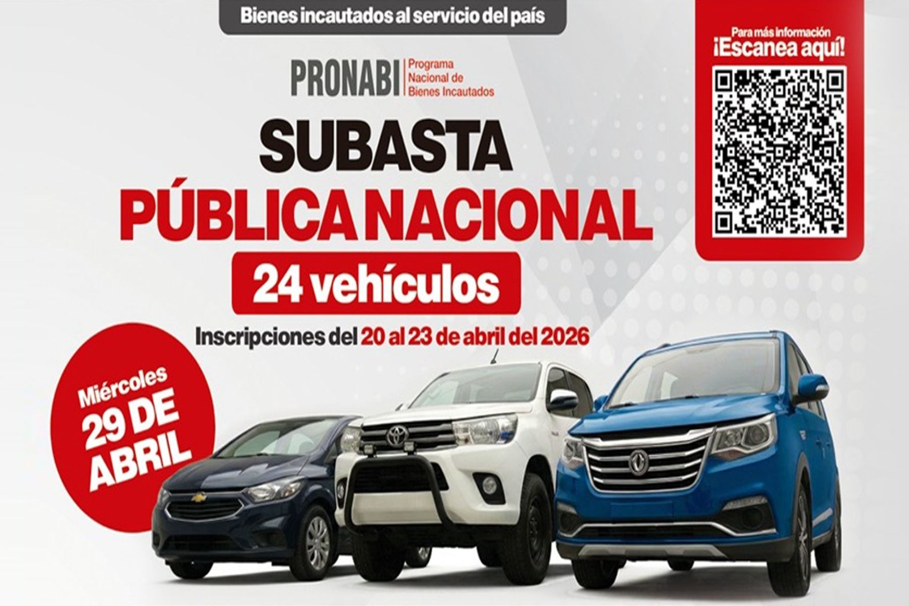Pronabi subastará 24 vehículos a precios competitivos el 29 de abril