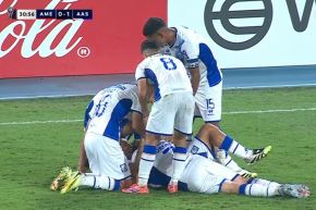 Jugadores del Alianza Atlético celebran el 1-0 sobre América de Cali. Imagen: Captura de TV.