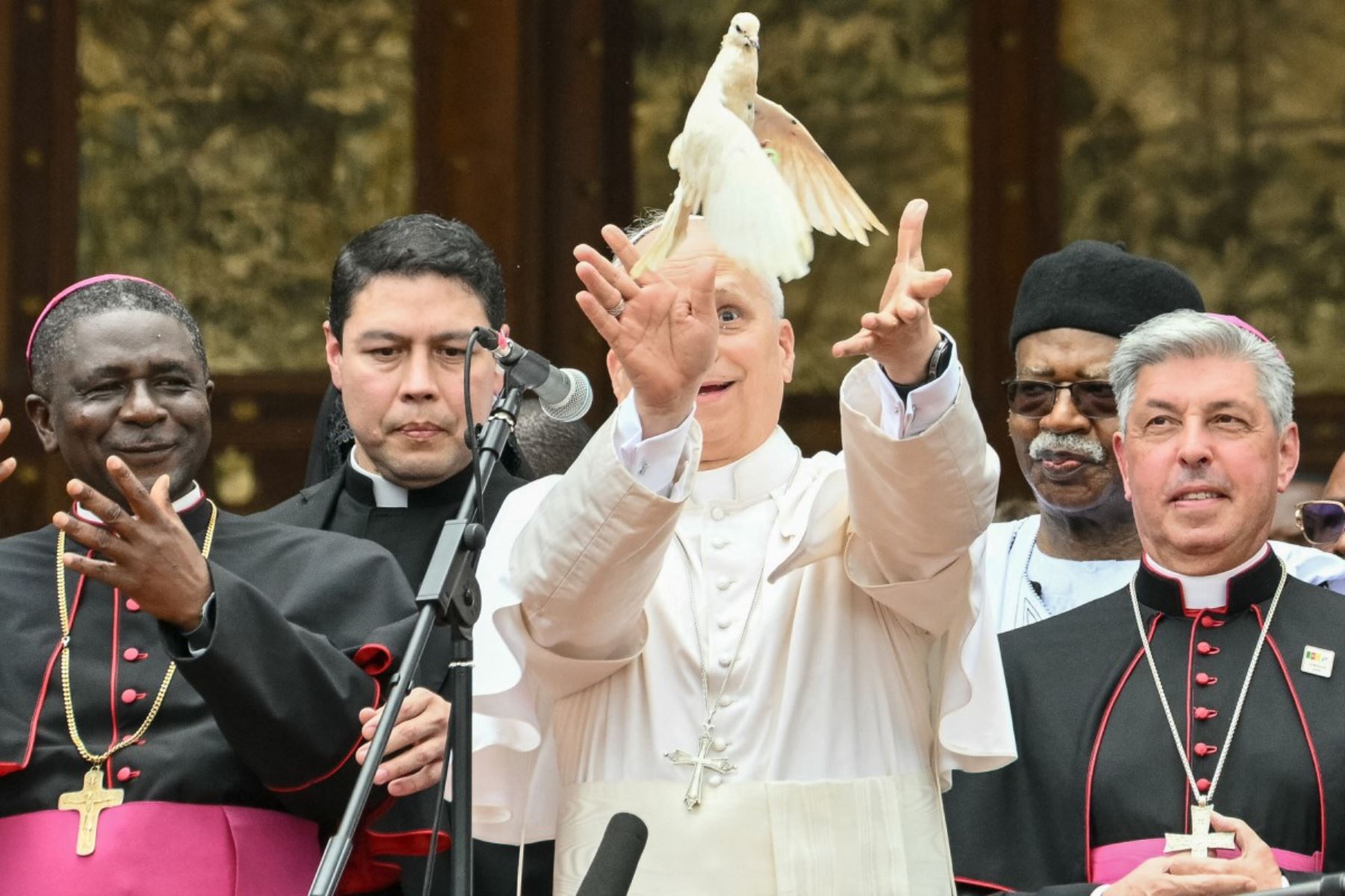 El papa León XIV suelta una paloma blanca tras reunirse con la comunidad de Bamenda en la catedral de San José, en Bamenda, en el cuarto día de un viaje apostólico de 11 días a África. Foto: AFP