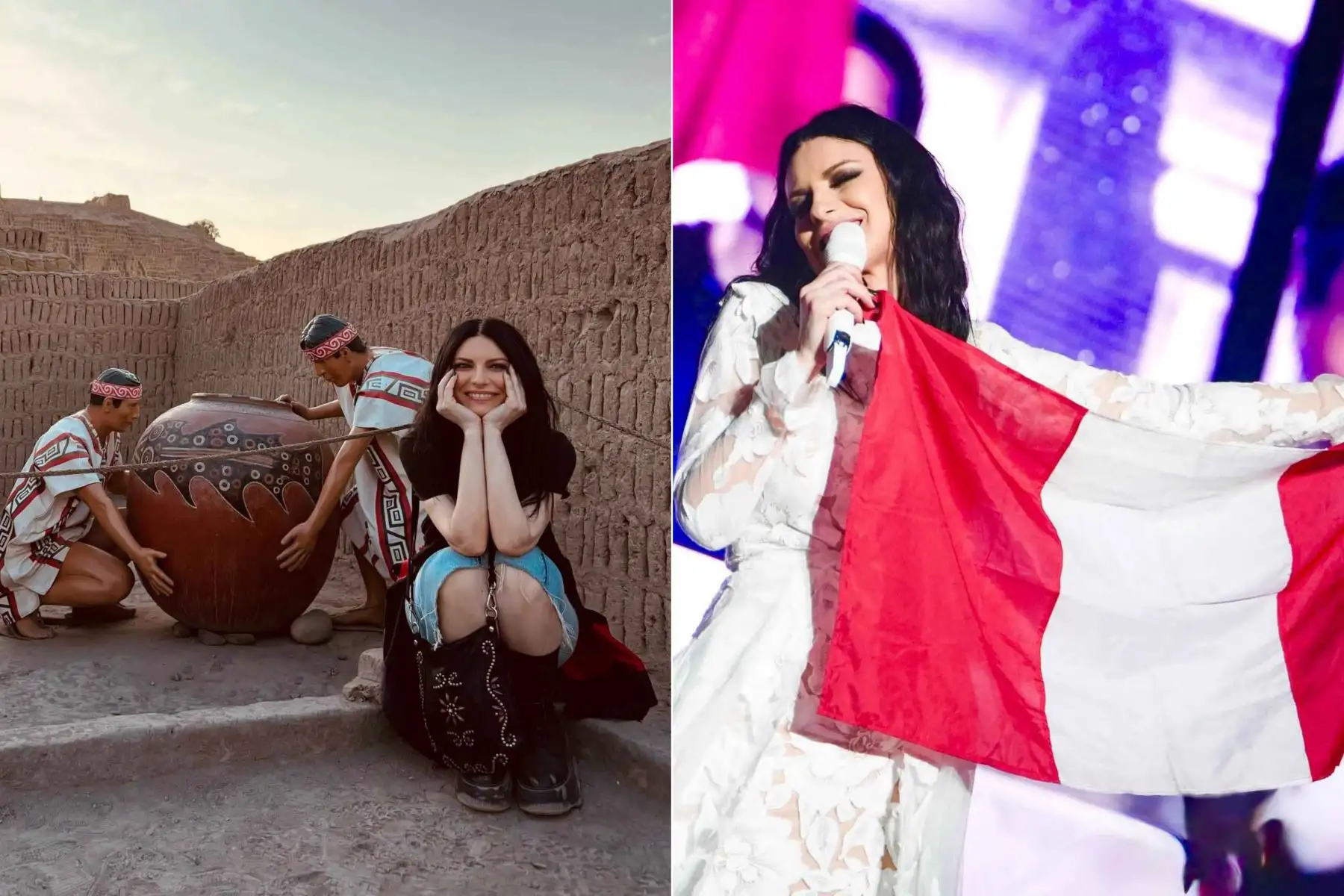La cantante italiana Laura Pausini visitó la Huaca Pucllana, en Miraflores, donde destacó el valor del legado cultural peruano y expresó su admiración por la historia y cosmovisión andina. A través de sus redes sociales, compartió su experiencia en Lima, donde escribió “¡Yupaychani, Perú!” (Gracias, Perú) y señaló que “hemos pasado unos días encantadores”. Asimismo, anunció que continuará su gira en Bogotá junto al cantautor peruano Gianmarco. Fotos: redes sociales oficiales de Laura Pausini.