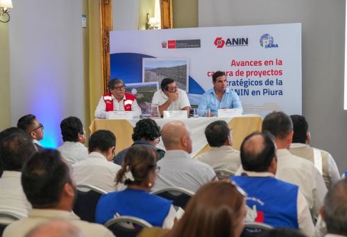 ANIN presentó los avances de sus principales intervenciones en la región Piura durante la sesión descentralizada de la Comisión de Seguimiento a la Creación y Funcionamiento de la ANIN del Congreso de la República realizada en Piura. ANDINA/Difusión