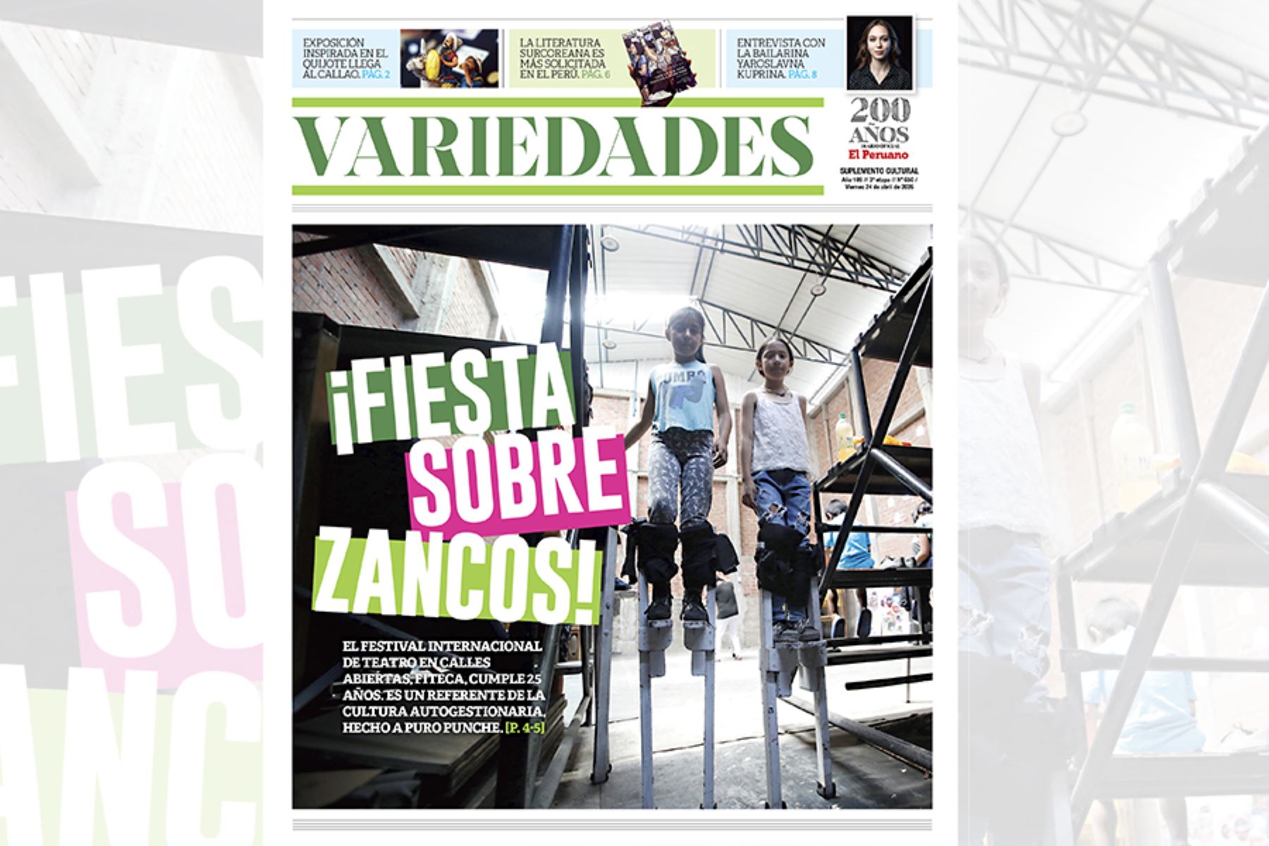 Portada de "Variedades". Niñas del barrio de La Balanza, Comas, aprenden zancos, gracias a los talleres que brinda el Fiteca. ANDINA