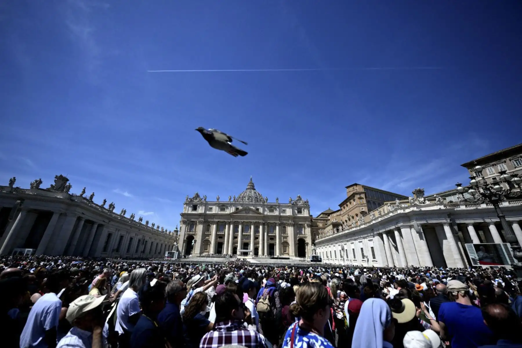 Con el inicio del mes de mayo, tradicionalmente dedicado a la Virgen María, el Papa animó a los fieles a renovar la alegría de reunirse como Iglesia para rezar el Rosario, recordando el ejemplo de los discípulos reunidos en el Cenáculo junto a María entre la Ascensión de Jesús y Pentecostés, mientras esperaban la venida del Espíritu Santo. Durante su saludo, el Pontífice encomendó a la oración de los presentes sus intenciones, especialmente por la comunión dentro de la Iglesia y por la paz en el mundo. (Foto de TIZIANA FABI / AFP)