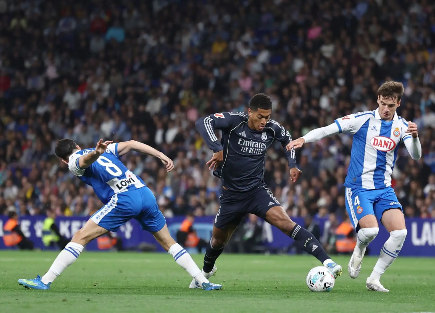 El centrocampista inglés del Real Madrid, Jude Bellingham, lucha por el balón con el centrocampista español del Espanyol, Edu Expósito, y el centrocampista español del Espanyol, Urko González, durante el partido de la liga española entre el RCD Espanyol y el Real Madrid. 
Foto: ANDINA/AFP