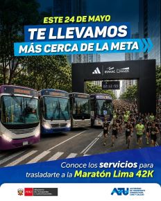Este contenido puede reproducirse citando a la Agencia Andina ©️ Editora Perú  Personal de la ATU estará presente en los principales paraderos para orientar a los deportistas sobre las rutas. Los servicios especiales de los corredores Azul y Morado y las rutas de transporte convencional tendrán una tarifa de S/5.  Lea más en: https://andina.pe/agencia/noticia-maraton-lima-42k-metropolitano-y-corredores-transportaran-a-los-atletas-desde-las-3-am-1076028.aspx