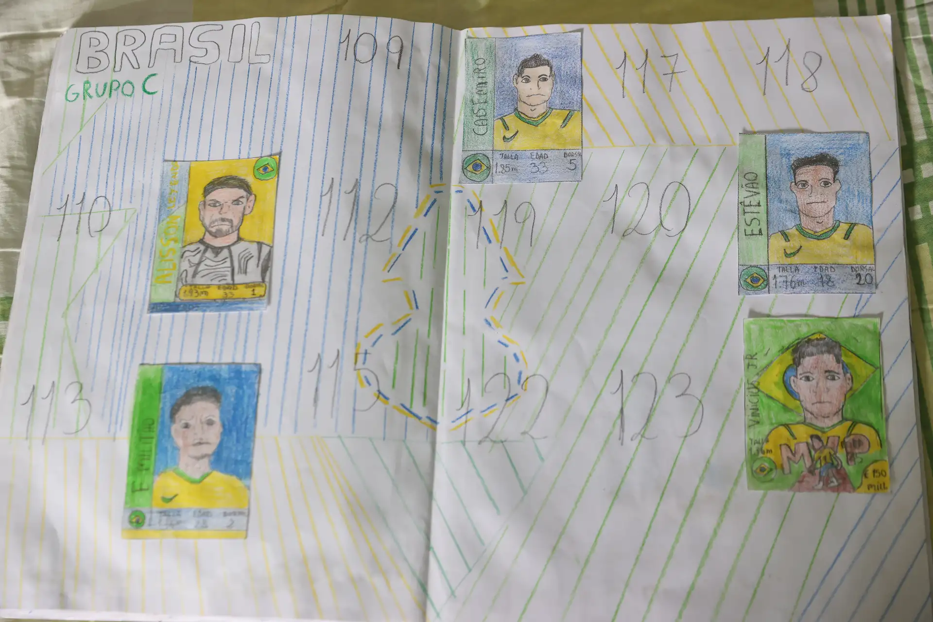 Las páginas del álbum elaborado por Mathías incluyen figuras pintadas a mano y distribuidas como en un tradicional álbum coleccionable de fútbol. Foto: ANDINA/Melina Mejía.