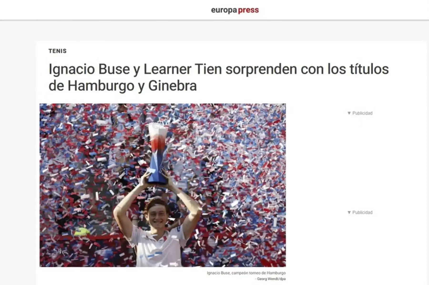 Así informó la prensa internacional sobre el triunfo del tenista peruano Ignacio Buse, quien se consagró campeón tras vencer al estadounidense Tommy Paul por 7-6, 4-6 y 6-3 en una intensa final disputada en Hamburgo. Foto: Captura