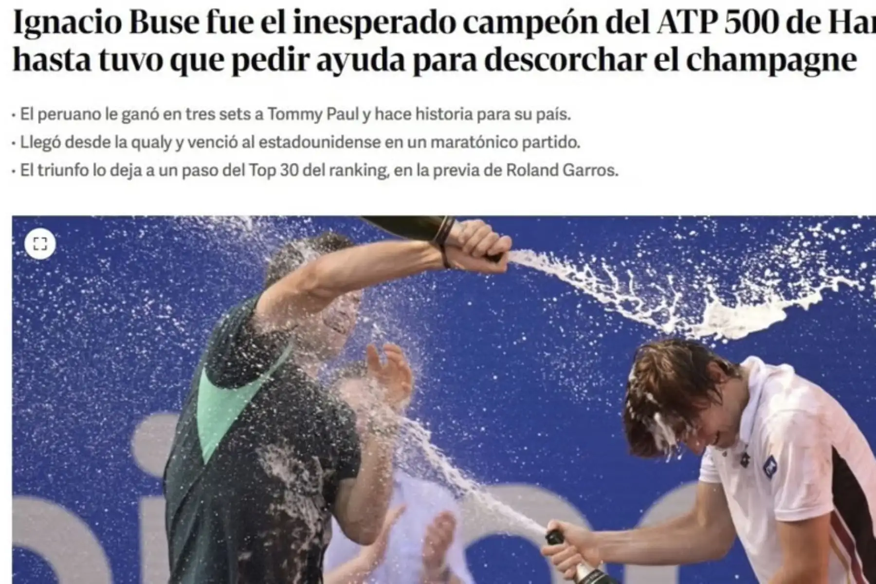 Clarín de Argentina. Así informó la prensa internacional sobre el triunfo del tenista peruano Ignacio Buse, quien se consagró campeón tras vencer al estadounidense Tommy Paul por 7-6, 4-6 y 6-3 en una intensa final disputada en Hamburgo. Foto: Captura