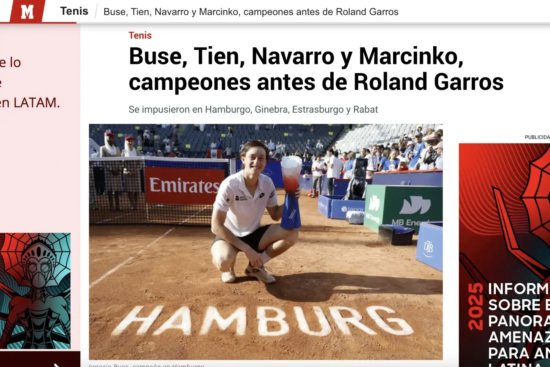 Marca de España. Así informó la prensa internacional sobre el triunfo del tenista peruano Ignacio Buse, quien se consagró campeón tras vencer al estadounidense Tommy Paul por 7-6, 4-6 y 6-3 en una intensa final disputada en Hamburgo. Foto: Captura