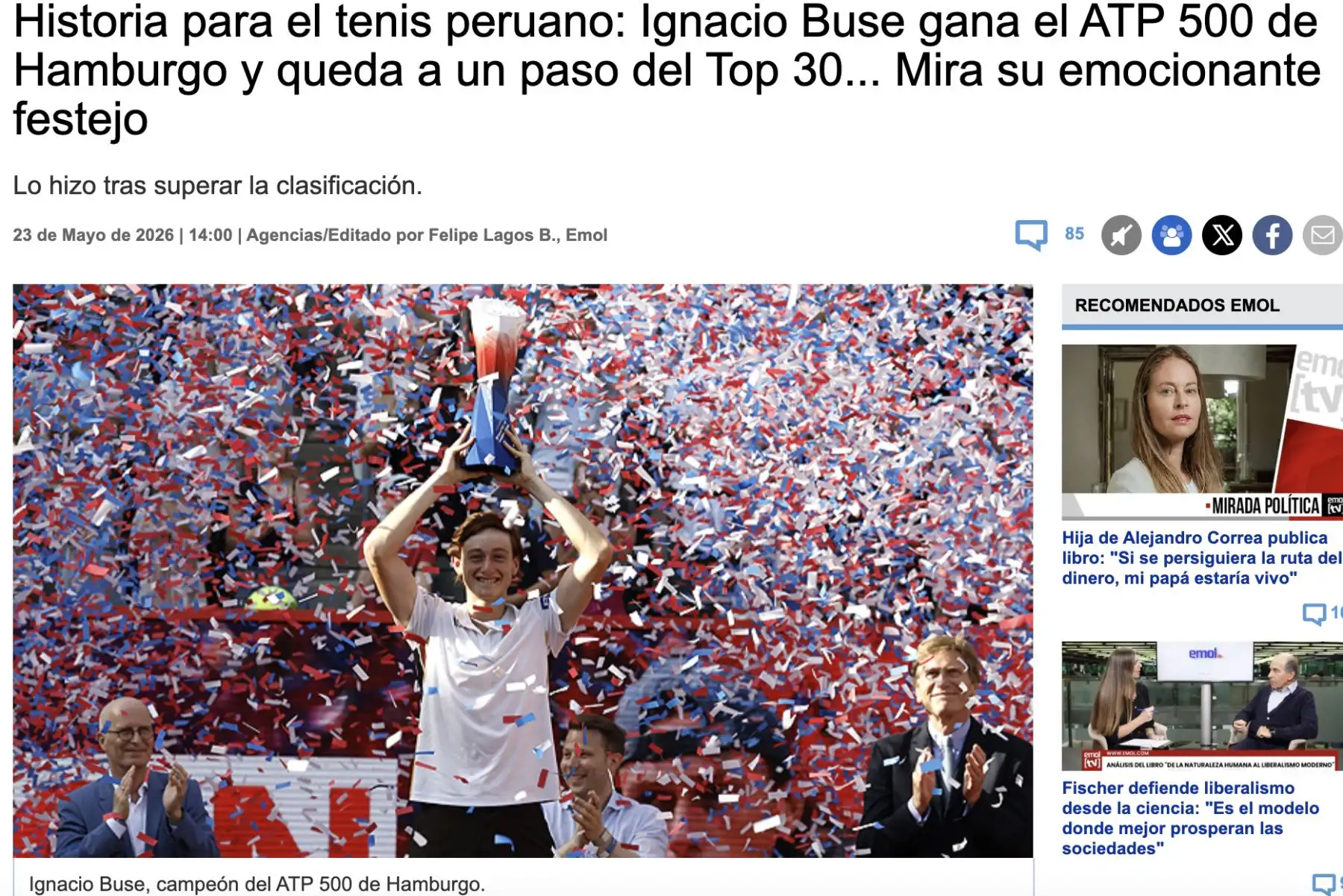 Emol de Chile. Así informó la prensa internacional sobre el triunfo del tenista peruano Ignacio Buse, quien se consagró campeón tras vencer al estadounidense Tommy Paul por 7-6, 4-6 y 6-3 en una intensa final disputada en Hamburgo. Foto: Captura