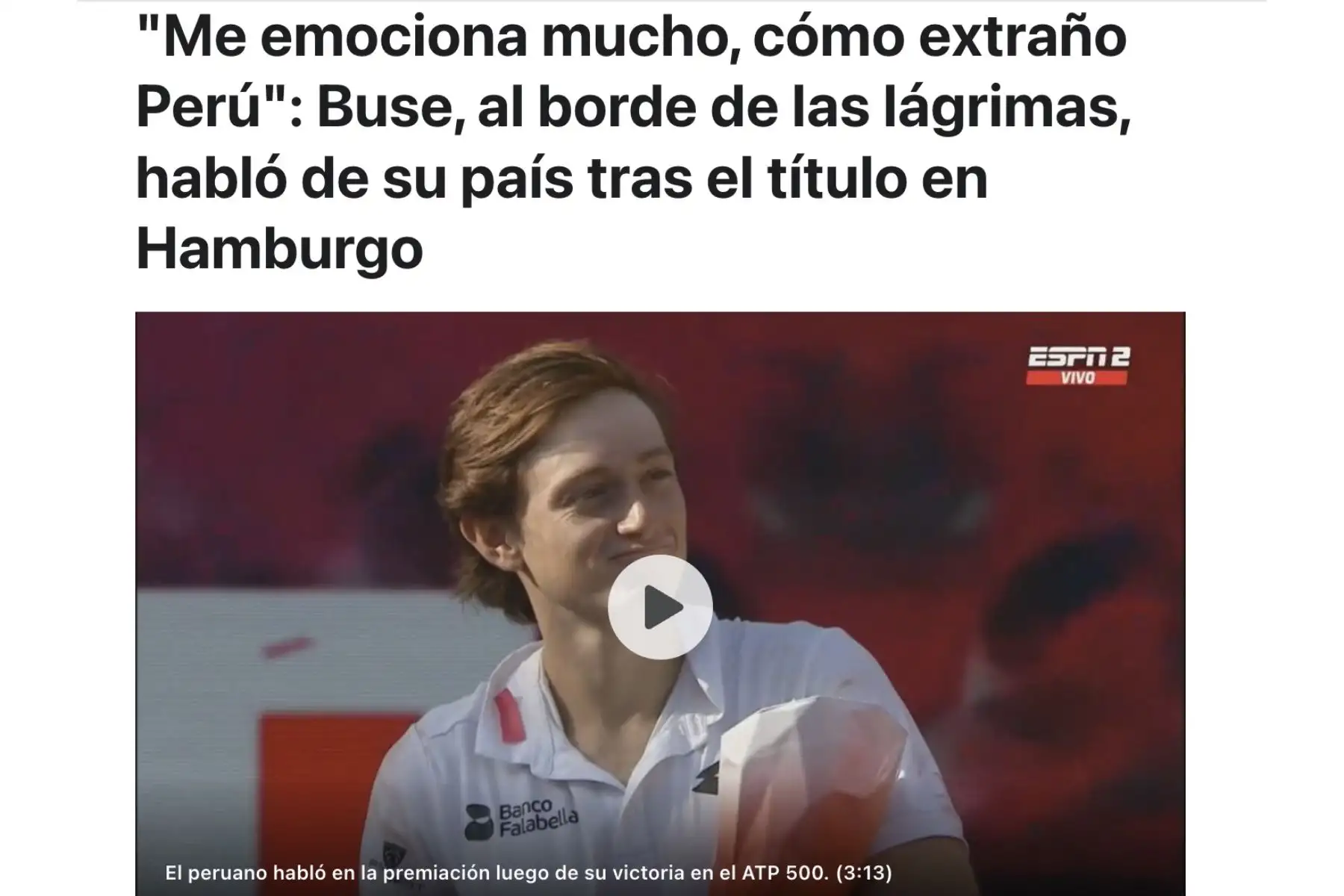 ESPN. Así informó la prensa internacional sobre el triunfo del tenista peruano Ignacio Buse, quien se consagró campeón tras vencer al estadounidense Tommy Paul por 7-6, 4-6 y 6-3 en una intensa final disputada en Hamburgo. Foto: Captura