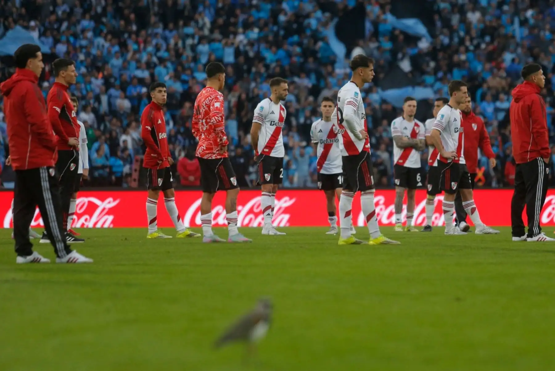 Jugadores de River Plate reaccionan tras perder la final del torneo Apertura de la Liga Argentina de Fútbol Profesional entre River Plate y Belgrano en el Estadio Mario Alberto Kempes de Córdoba, Argentina, el 24 de mayo de 2026. (Foto de DIEGO LIMA / AFP)