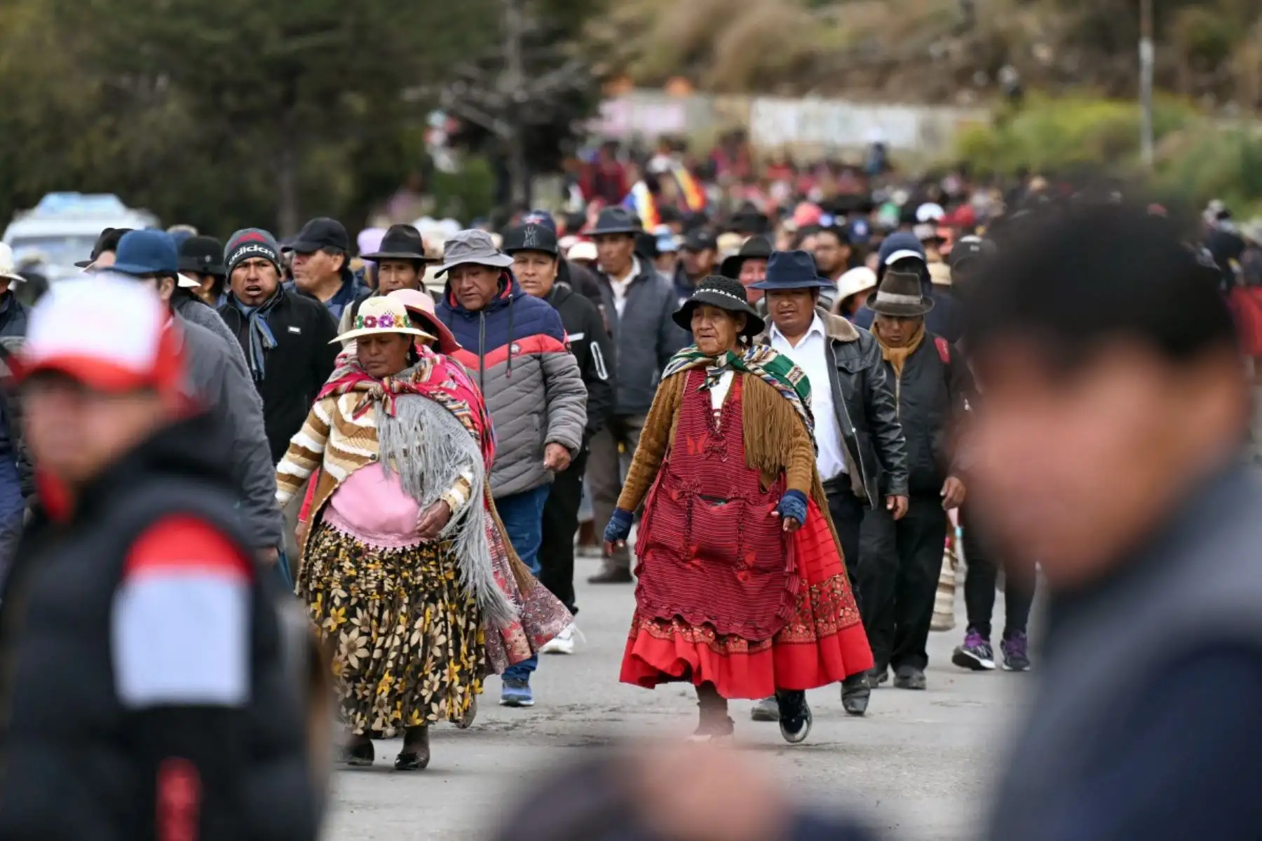 Campesinos y trabajadores marchan por las calles de La Paz en rechazo a las políticas económicas del presidente Rodrigo Paz, quien anunció la reducción del 50 % de su salario y el de sus ministros para intentar calmar las protestas. Foto: AFP.