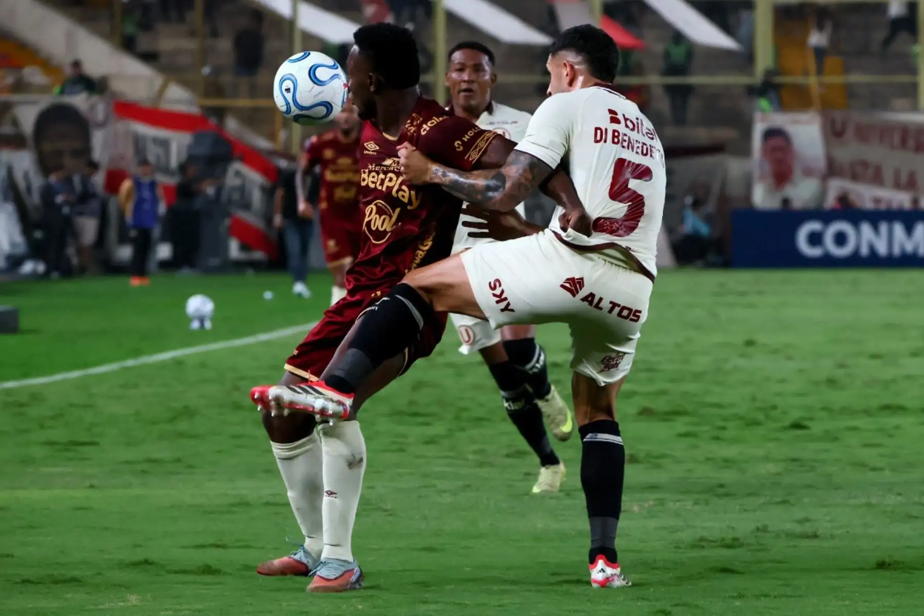 El delantero número 24 del Tolima, Adrián Parra, y el defensa argentino número 05 del Universitario, Matías Di Benedetto, luchan por el balón durante el partido de la fase de grupos de la Copa Libertadores entre el Universitario de Perú y el Deportes Tolima de Colombia en el Estadio Monumental "U" Marathon de Lima, el 26 de mayo de 2026. (Foto de Connie FRANCE / AFP)
