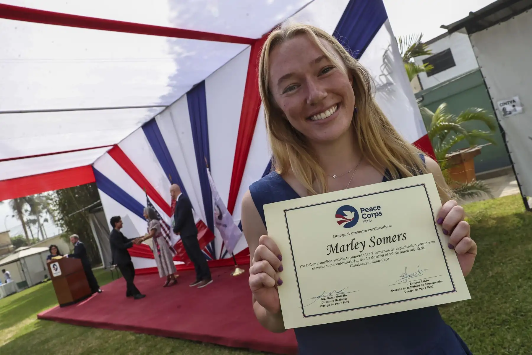 Marley Sommers, voluntaria que juramentó como parte del grupo de voluntarios del Cuerpo de Paz norteamericano que trabajará en diversas regiones del Perú y que se diversificará en distintas problemáticas como salud, saneamiento entre otros.

Foto:ANDINA / Juan Carlos Guzmán Negrini