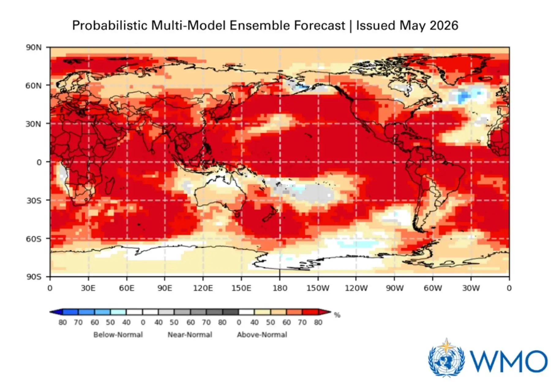 La Organización Meteorológica Mundial (OMM) advierte que el Fenómeno El Niño global se está desarrollando en el océano Pacífico tropical y que existe una probabilidad del 80 % de que se establezca entre junio y agosto de 2026, mientras que las posibilidades de que continúe hasta noviembre superan el 90 %. ANDINA/Difusión