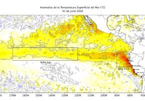 El Enfen confirmó que el Fenómeno El Niño en el litoral peruano ingresó oficialmente a una fase de intensidad moderada que durará hasta agosto y reveló también que la temperatura del mar frente a la costa peruana presenta anomalías de hasta siete grados por encima de lo normal. ANDINA/Difusión