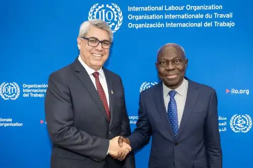 El viceministro de Trabajo, Tomas Flores, se reunió con el director general de la Organización Internacional del Trabajo (OIT), Gilbert F. Houngbo, en el marco de la 114° Conferencia Internacional del Trabajo. ANDINA/Difusión
