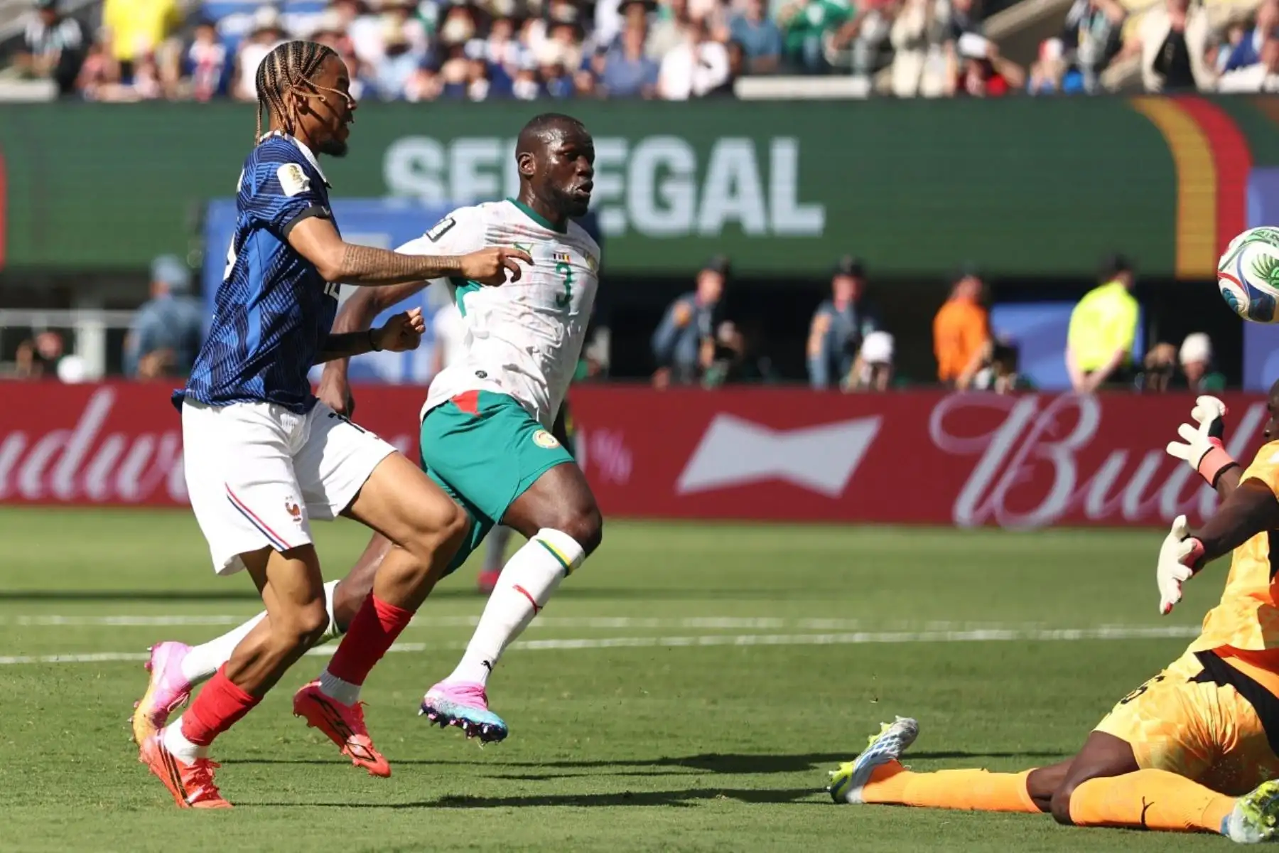 El delantero francés Bradley Barcola, número 12, anota el segundo gol de su equipo durante el partido de fútbol del Grupo I de la Copa Mundial de 2026 entre Francia y Senegal en el estadio New York/New Jersey en East Rutherford el 16 de junio de 2026. (Foto de CHARLY TRIBALLEAU / AFP)