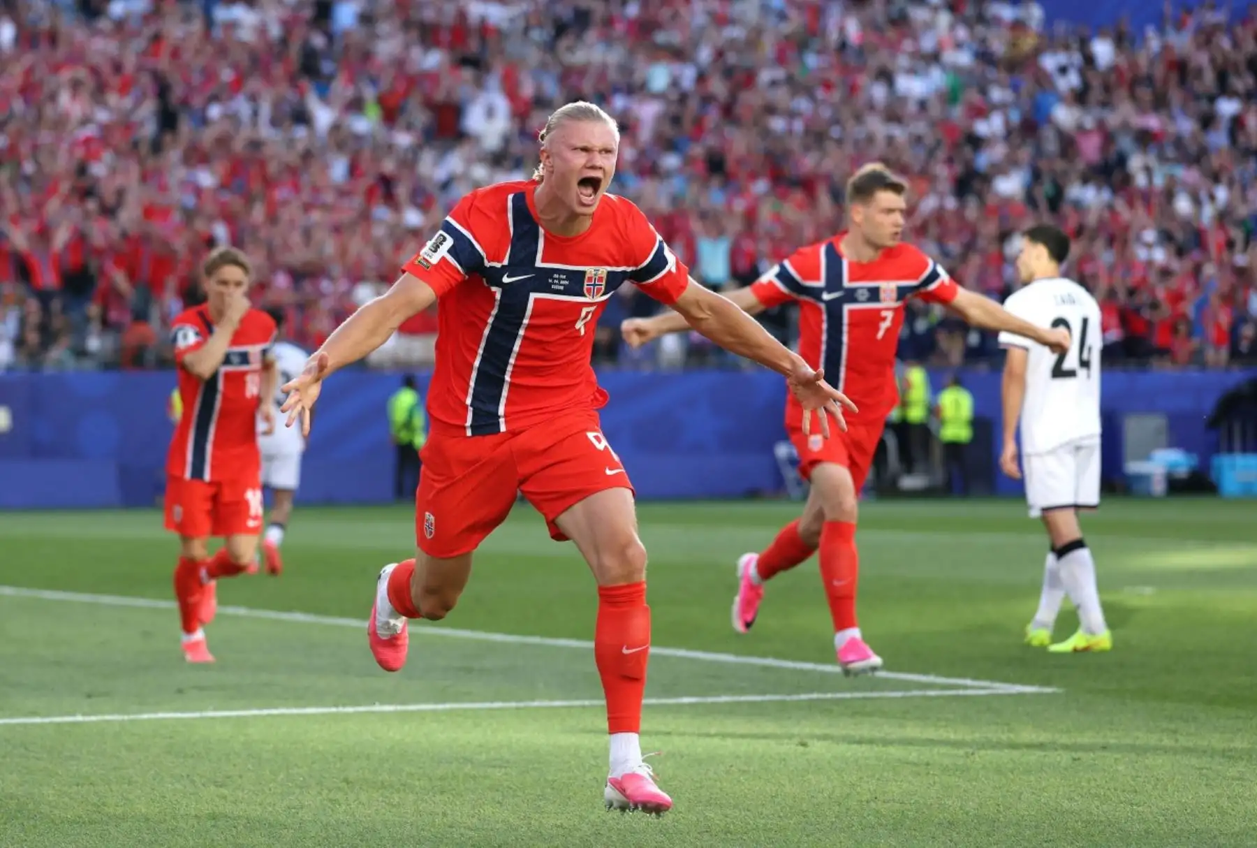 Erling Haaland #9 de Noruega celebra el primer gol de su equipo durante el partido del Grupo I de la Copa Mundial de la FIFA 2026 entre Irak y Noruega en el Boston Stadium el 16 de junio de 2026 en Foxborough, Massachusetts. Foto: AFP