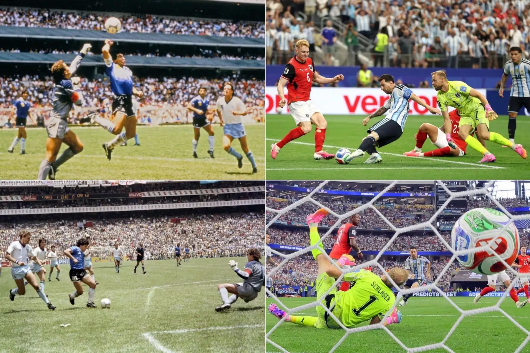A 40 años del histórico doblete de Diego Maradona ante Inglaterra en México 1986, Lionel Messi volvió a convertir dos goles un 22 de junio, esta vez frente a Austria por el Mundial 2026. La coincidencia unió en una misma fecha a las dos grandes figuras del fútbol argentino y permitió a Messi elevar a 18 su récord de anotaciones en Copas del Mundo. Foto: ANDINA/Composición con fotos de AFP.