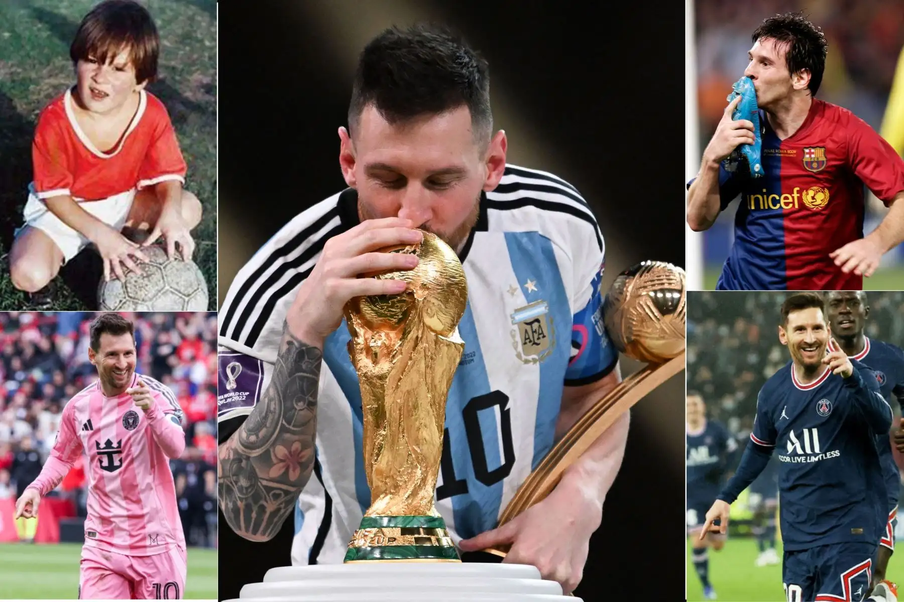 Nacido en Rosario, Argentina, Lionel Messi cumple 39 años con 46 títulos colectivos, entre ellos la Copa del Mundo, dos Copas América y cuatro Ligas de Campeones. Ganador de ocho Balones de Oro y máximo goleador histórico de los Mundiales con 18 tantos, el capitán de la Albiceleste continúa en actividad y ampliando una trayectoria marcada por récords y consagraciones, consolidado como el futbolista más laureado de la historia. Foto: ANDINA/Composición con fotos de archivo.