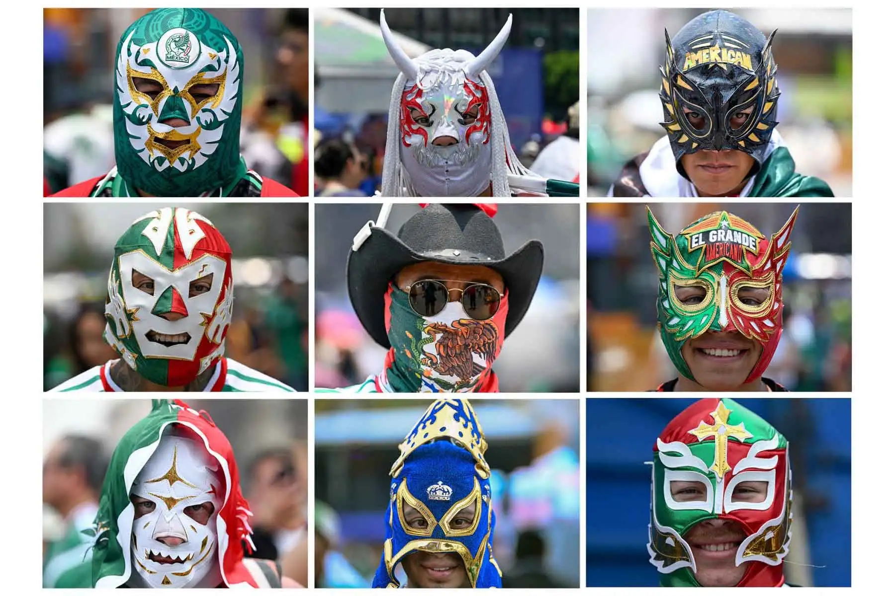 Esta combinación de imágenes, creada el 18 de junio de 2026, muestra a aficionados mexicanos con máscaras de lucha libre en el Festival de Aficionados de la FIFA durante la Copa Mundial de 2026 en la plaza del Zócalo de la Ciudad de México el 18 de junio de 2026. Foto: AFP