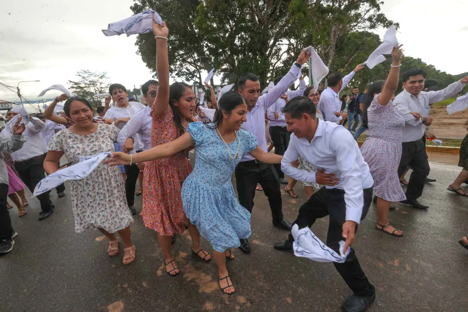 Ataviados con camisas y blusas blancas, levantando pañuelos y pequeños machetes utilizados posteriormente en la tradicional unsha o yunza, los participantes recorrieron cerca de cinco kilómetros danzando al ritmo de las bandas musicales. La Pandilla Moyobambina volvió a convertirse en la máxima expresión de una sociedad culturalmente diversa unida por sus raíces amazónicas. Foto: ANDINA/ Carlos Américo Lezama Villantoy