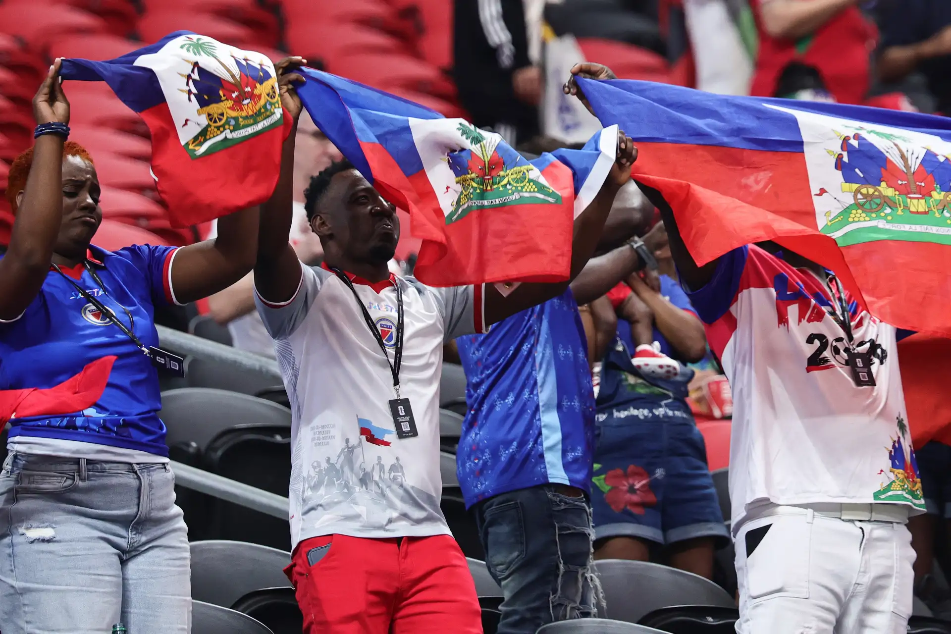 Aficionados de Haití vitorean antes del partido de la fase de grupos de la Copa Mundial de la FIFA 2026 entre Marruecos y Haití, en Atlanta, Georgia, EE. UU. Foto: ANDINA/EFE