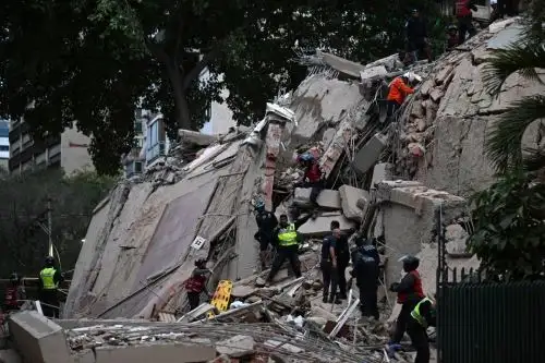 Rescatistas buscan víctimas en un edificio derrumbado tras el terremoto que sacudió Caracas. Foto: AFP