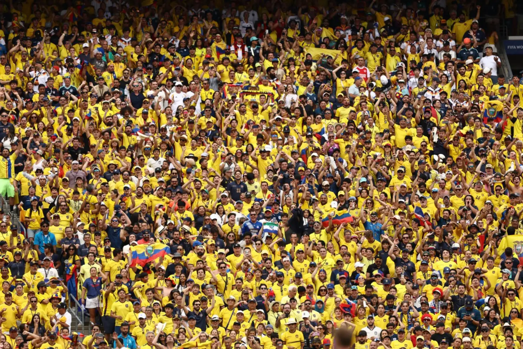 Aficionados ecuatorianos celebran durante el partido de fútbol del Grupo E del Mundial 2026 entre Ecuador y Alemania en el estadio New York/New Jersey.
Foto: ANDINA/AFP