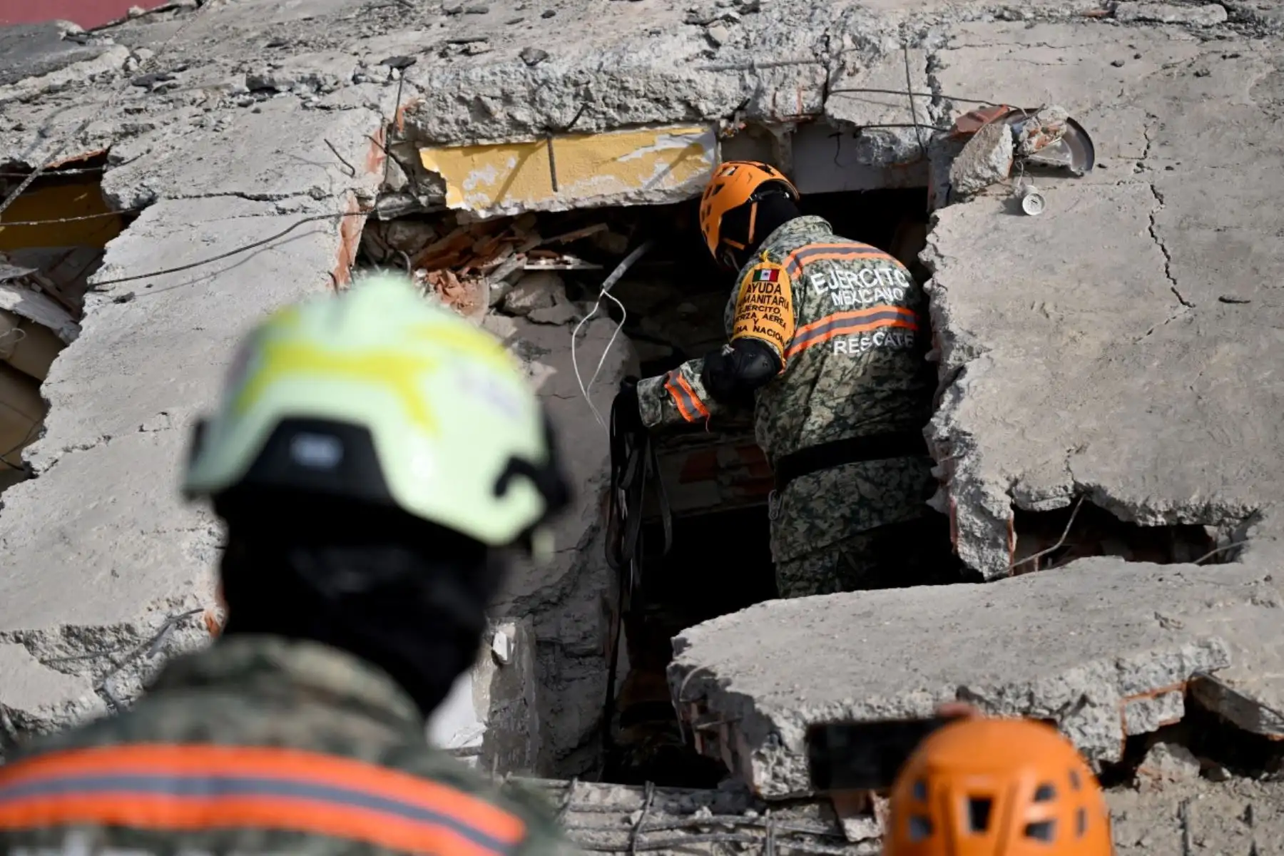 Miembros del ejército mexicano buscan posibles víctimas con un perro de rescate entre los escombros de un edificio derrumbado tras los terremotos en Caraballeda, estado de La Guaira, Venezuela, el 26 de junio de 2026. Foto: AFP