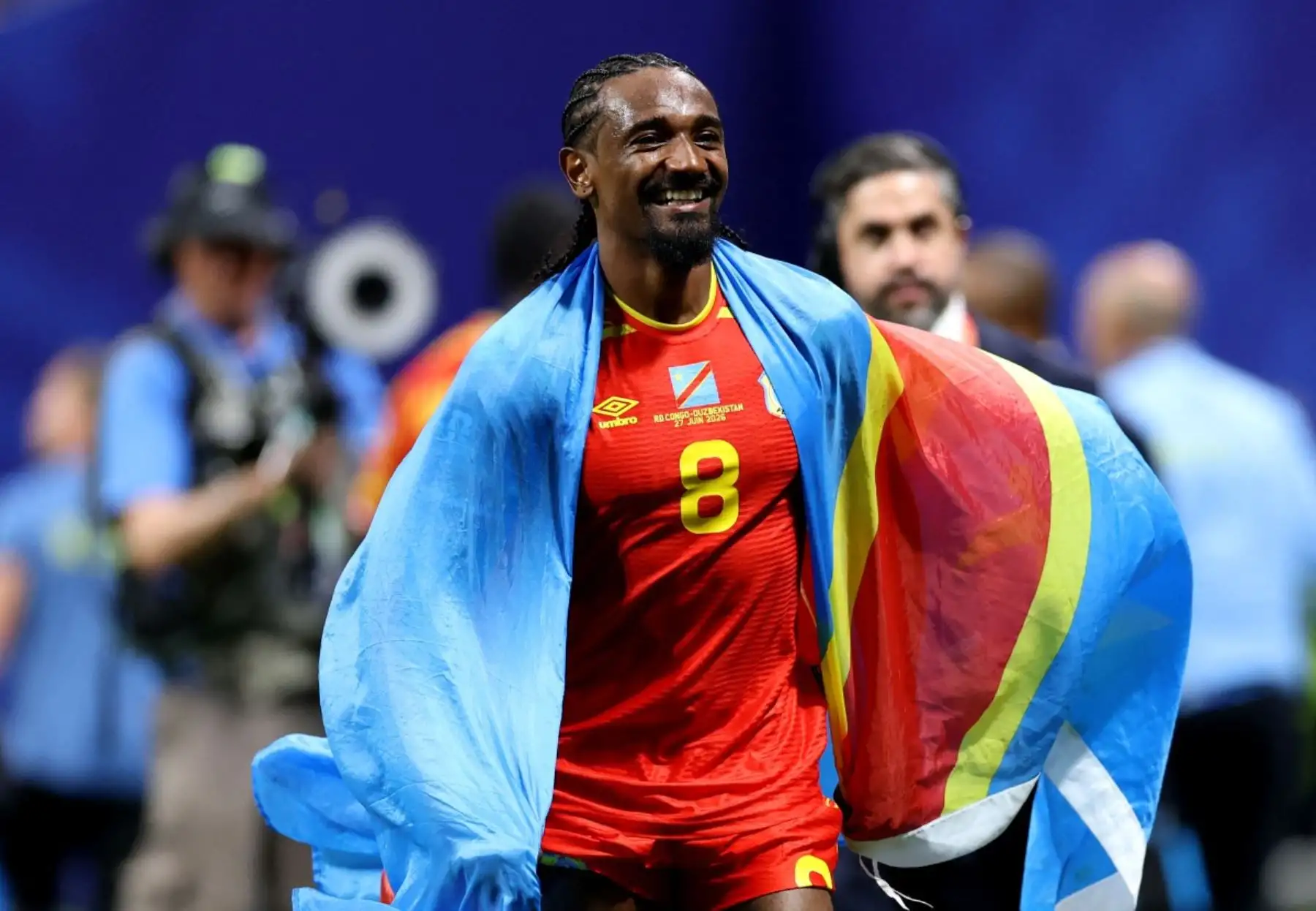 Samuel Moutoussamy #8 de la República Democrática del Congo celebra la victoria por 3-1 durante el partido del Grupo K de la Copa Mundial de la FIFA 2026 entre la República Democrática del Congo y Uzbekistán en el Estadio de Atlanta el 27 de junio de 2026 en Atlanta, Georgia. Foto: AFP