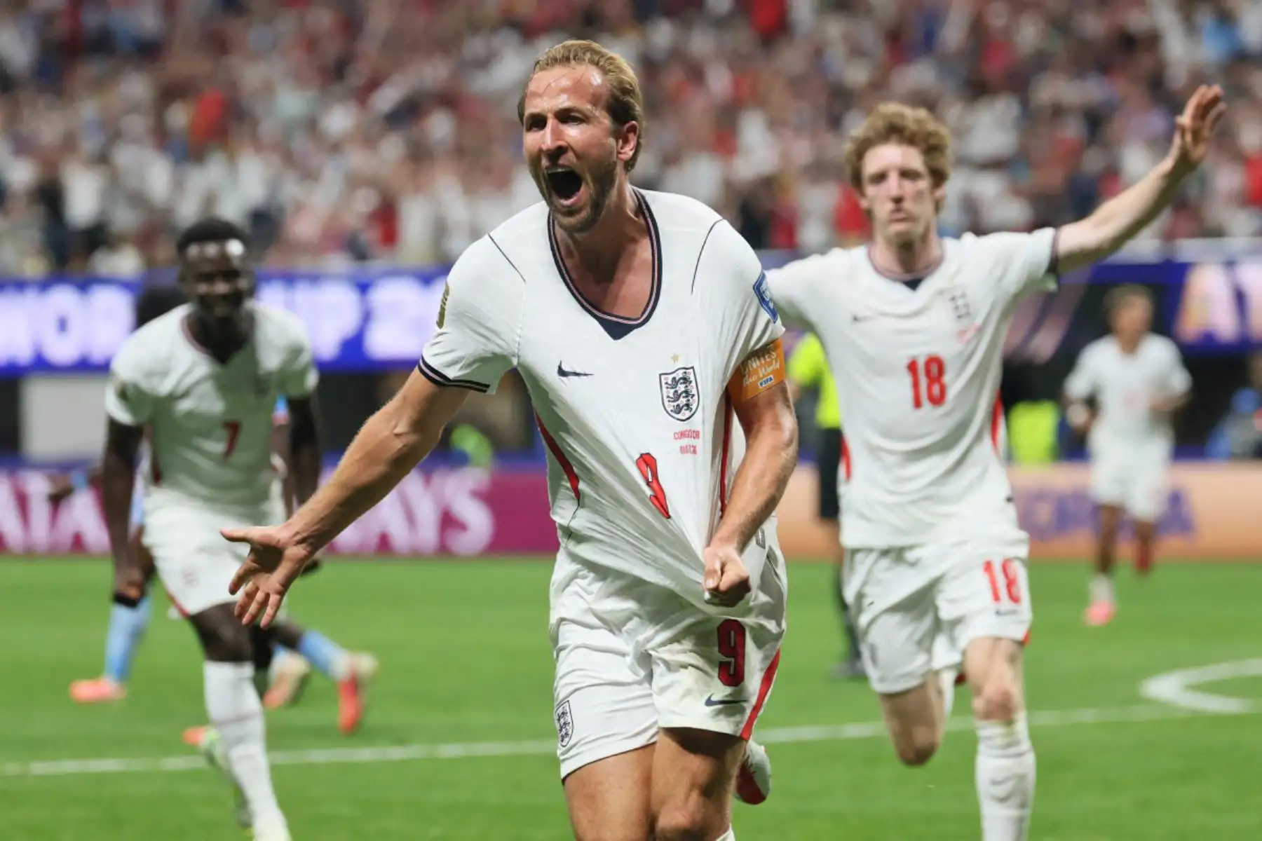 El delantero inglés Harry Kane, marca el segundo gol de su equipo durante el partido de dieciseisavos de final del Mundial de 2026 entre Inglaterra y la República Democrática del Congo, disputado en el estadio de Atlanta. Foto: AFP