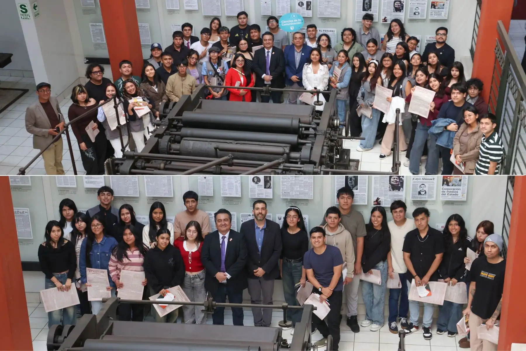 Alumnos de las facultades de Ciencias de la Comunicación de la Universidad  Cesar Vallejo de Trujillo y de la Universidad Norbert Wiener, visitan las instalaciones de Editora Perú para conocer la experiencia "Vive Andina". Foto: ANDINA/COmposición con fotos de Melina Mejía