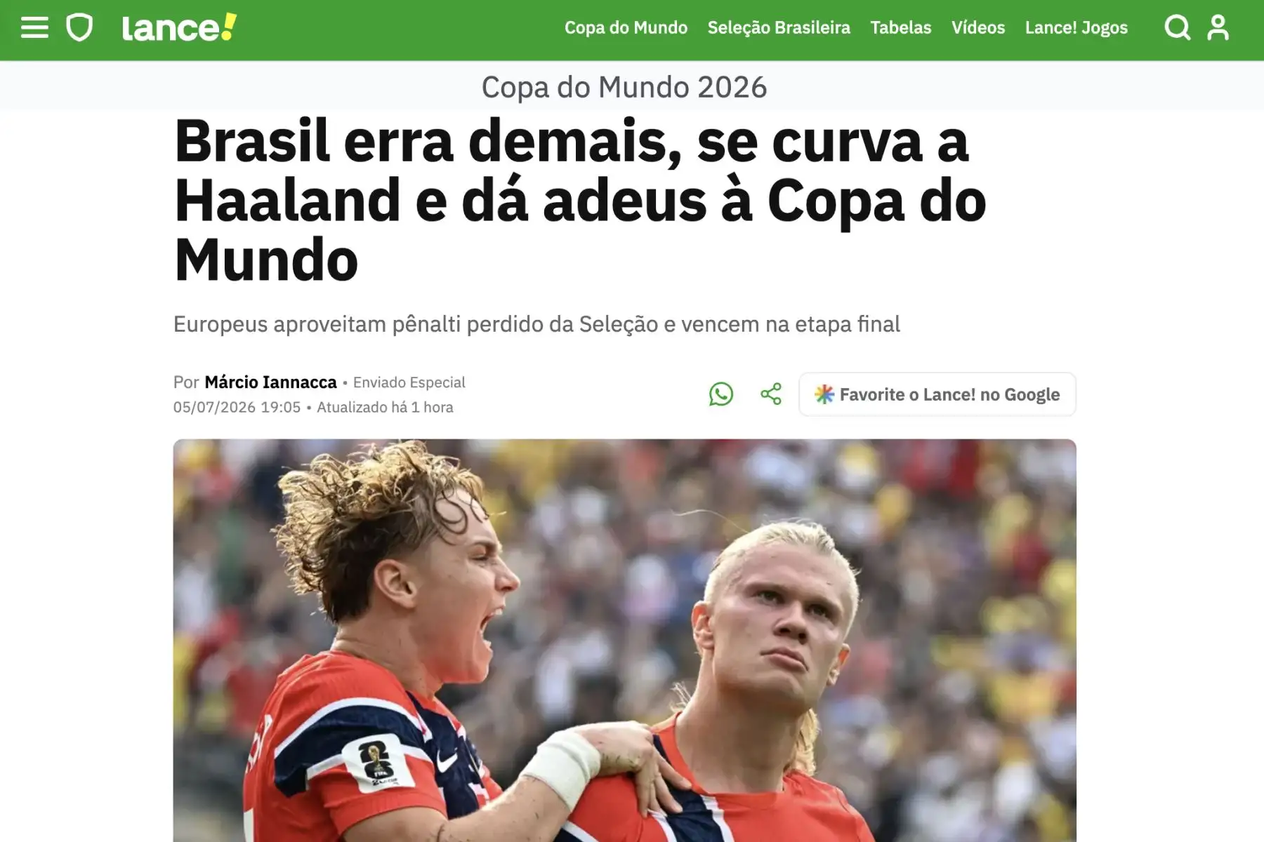 Lance de Brasil. Así reacciona la prensa internacional tras la eliminación de Brasil ante Noruega. Los nórdicos vencieron con un doblete de Erling Haaland y clasificaron a cuartos de final del Mundial 2026. Foto: Captura