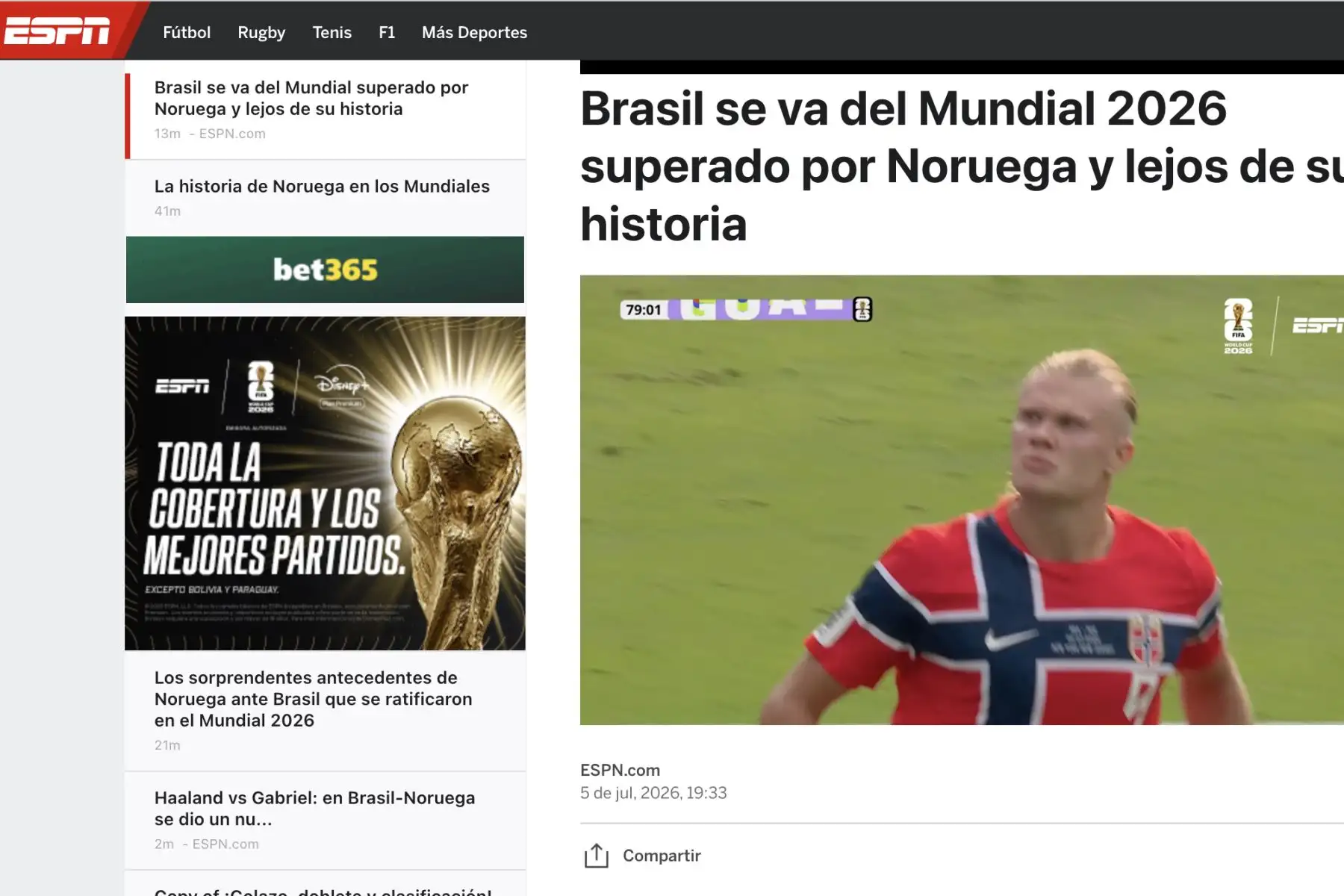 Espn de Estados Unidos. Así reacciona la prensa internacional tras la eliminación de Brasil ante Noruega. Los nórdicos vencieron con un doblete de Erling Haaland y clasificaron a cuartos de final del Mundial 2026. Foto: Captura