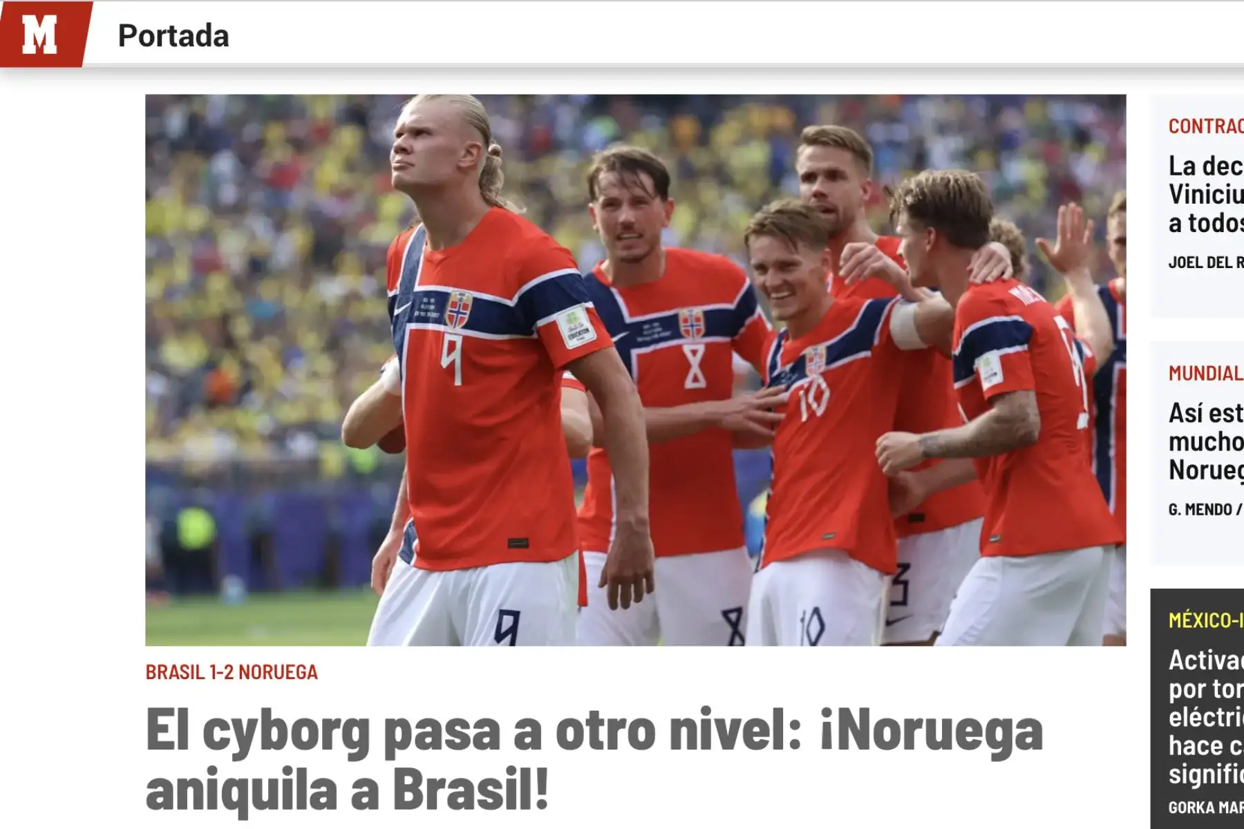 Marca de España. Así reacciona la prensa internacional tras la eliminación de Brasil ante Noruega. Los nórdicos vencieron con un doblete de Erling Haaland y clasificaron a cuartos de final del Mundial 2026. Foto: Captura