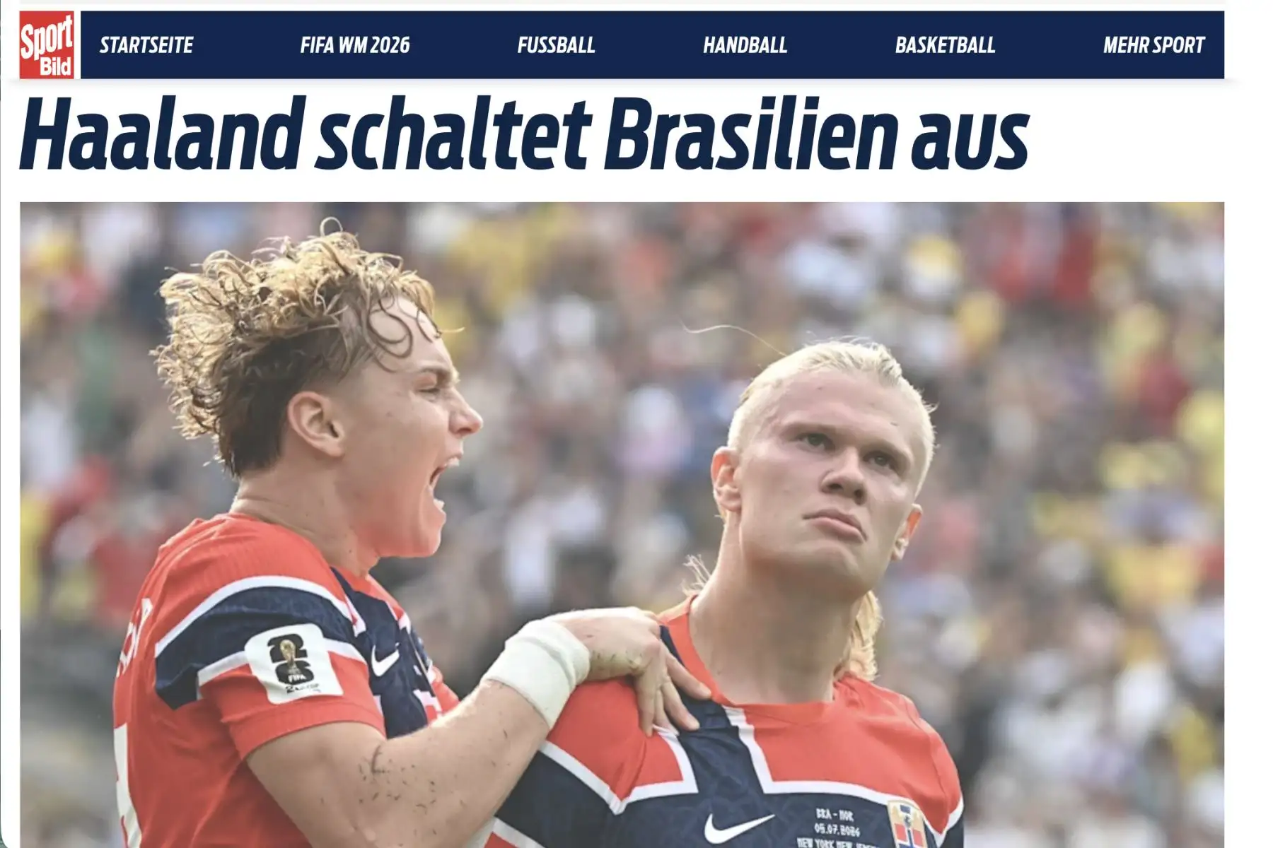 Sport Bild de Alemania. Así reacciona la prensa internacional tras la eliminación de Brasil ante Noruega. Los nórdicos vencieron con un doblete de Erling Haaland y clasificaron a cuartos de final del Mundial 2026. Foto: Captura