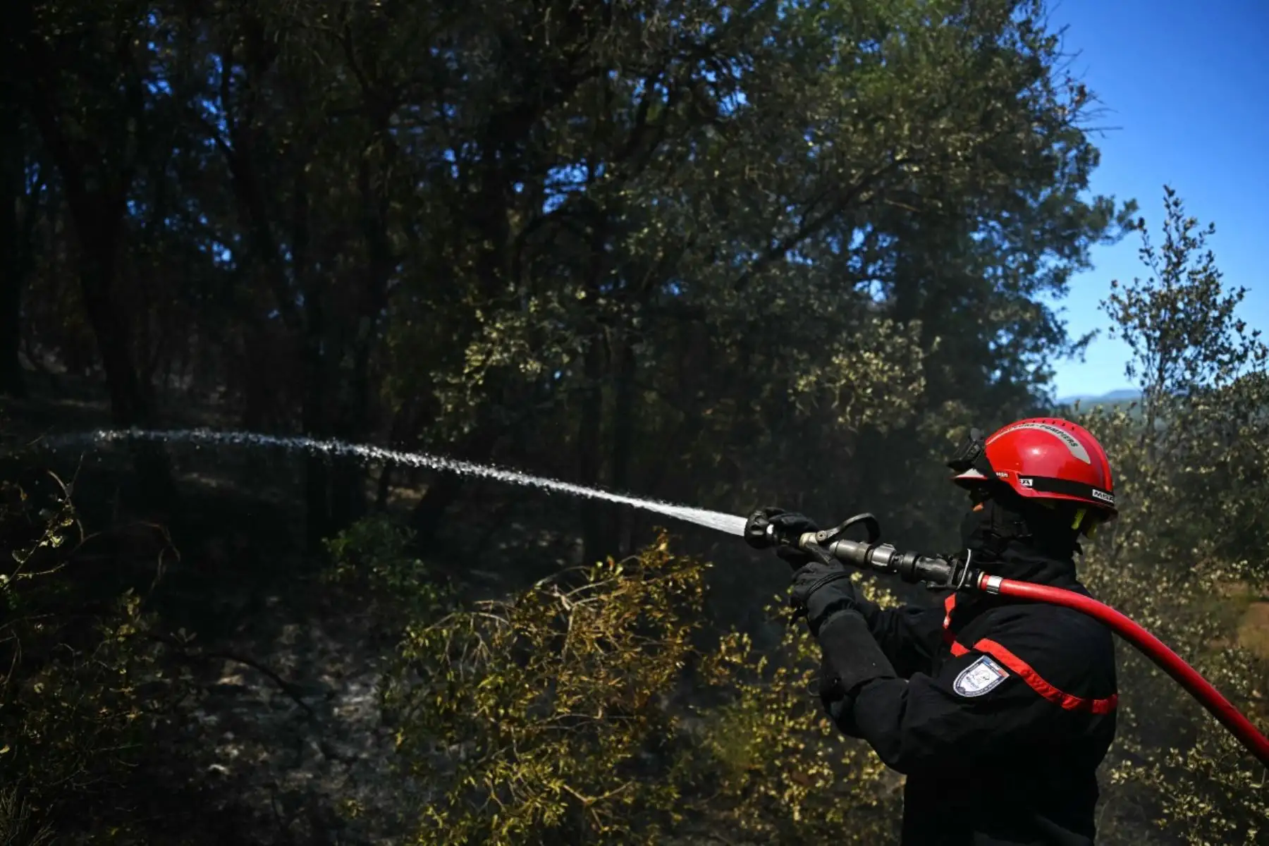 Un bombero extingue un incendio forestal junto a una casa en el departamento de Hérault, en el sur de Francia, mientras 700 bomberos, apoyados por aeronaves especiales, luchaban por controlar un incendio "gigantesco" en el cercano departamento de Pirineos Orientales, cerca de la ciudad de Carlencas-et-Levas, el 6 de julio de 2026. Foto: AFP