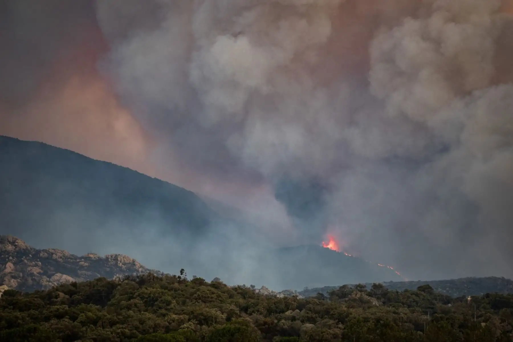 Esta fotografía muestra una columna de humo procedente de un incendio forestal en la región de Aspres, vista desde Montalba-le-Château, en el departamento de Pirineos Orientales, al sur de Francia. Foto: AFP