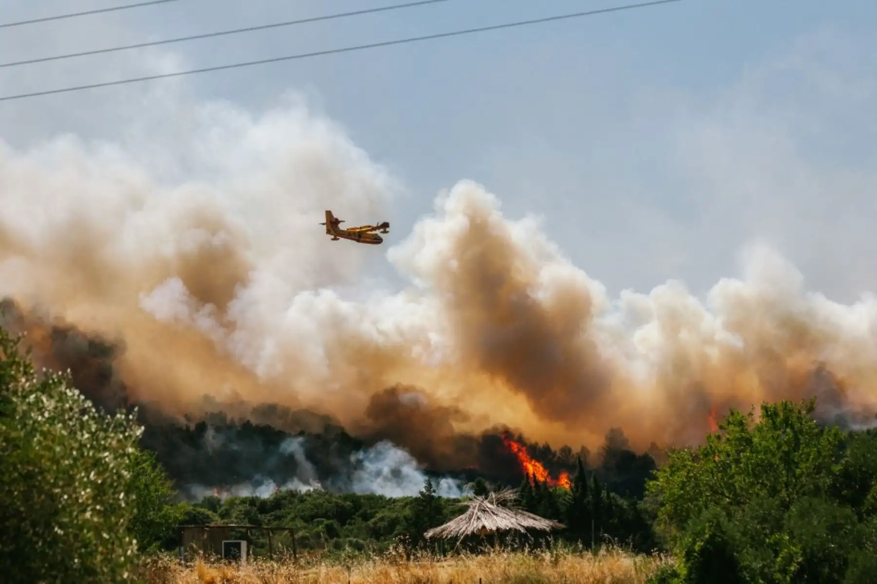 Foto por JC MILHET / AFP
Vista aérea de un avión de extinción de incendios Canadair que volaba sobre un incendio forestal de vegetación en Ledenon, Gard, Occitania, Francia, 5 de julio de 2026. Los recursos aéreos de la Seguridad Civil apoyan a las tripulaciones terrestres que participan en la extinción de incendios forestales. Foto: AFP