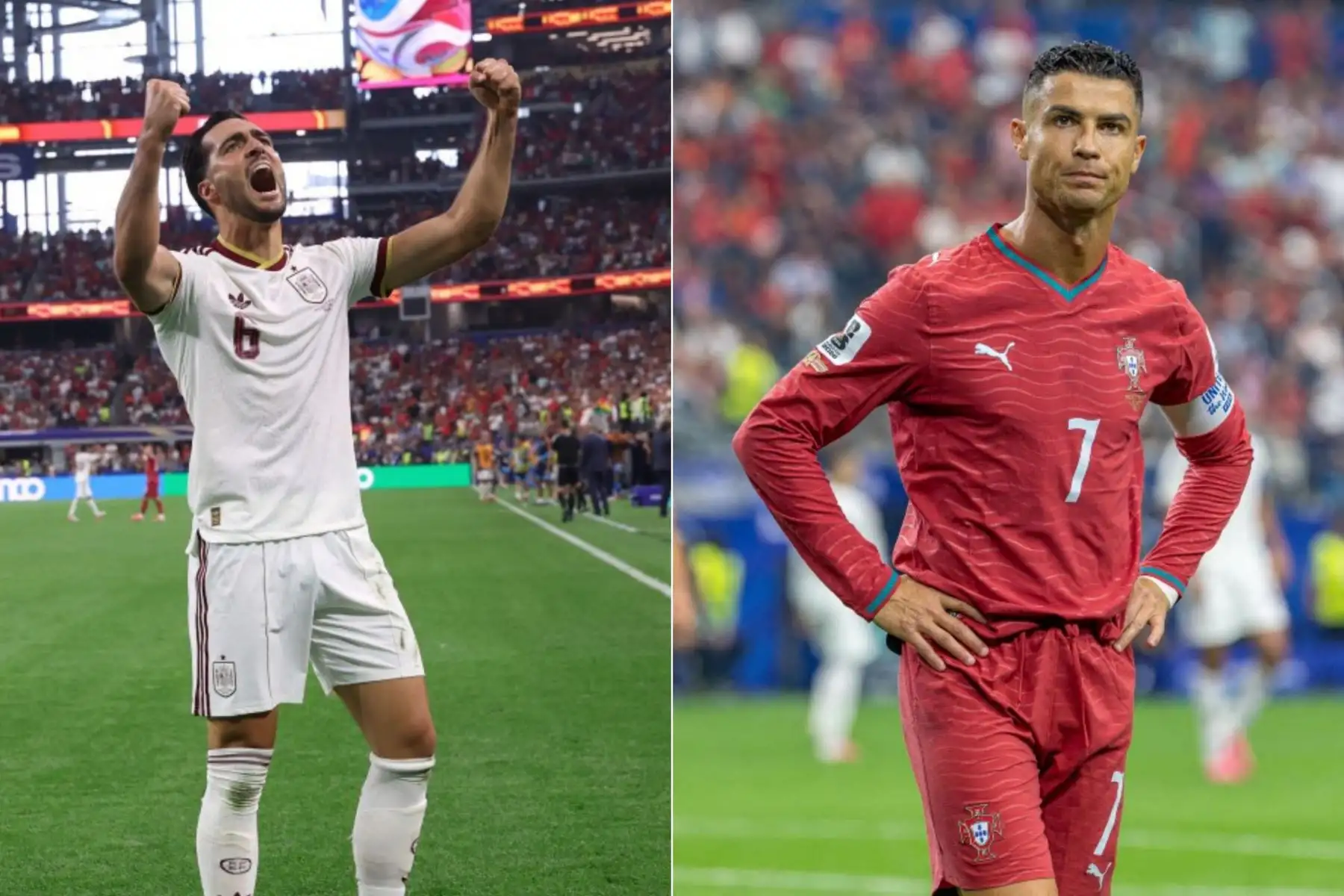 España venció 1-0 a Portugal con gol de Mikel Merino en los descuentos y avanzó a cuartos de final del Mundial 2026. El resultado deja fuera a Cristiano Ronaldo, leyenda deportiva, en el que sería su último partido mundialista tras convertirse en el primer futbolista en anotar en seis ediciones del torneo. Foto: ANDINA/Composición con fotos de AFP.