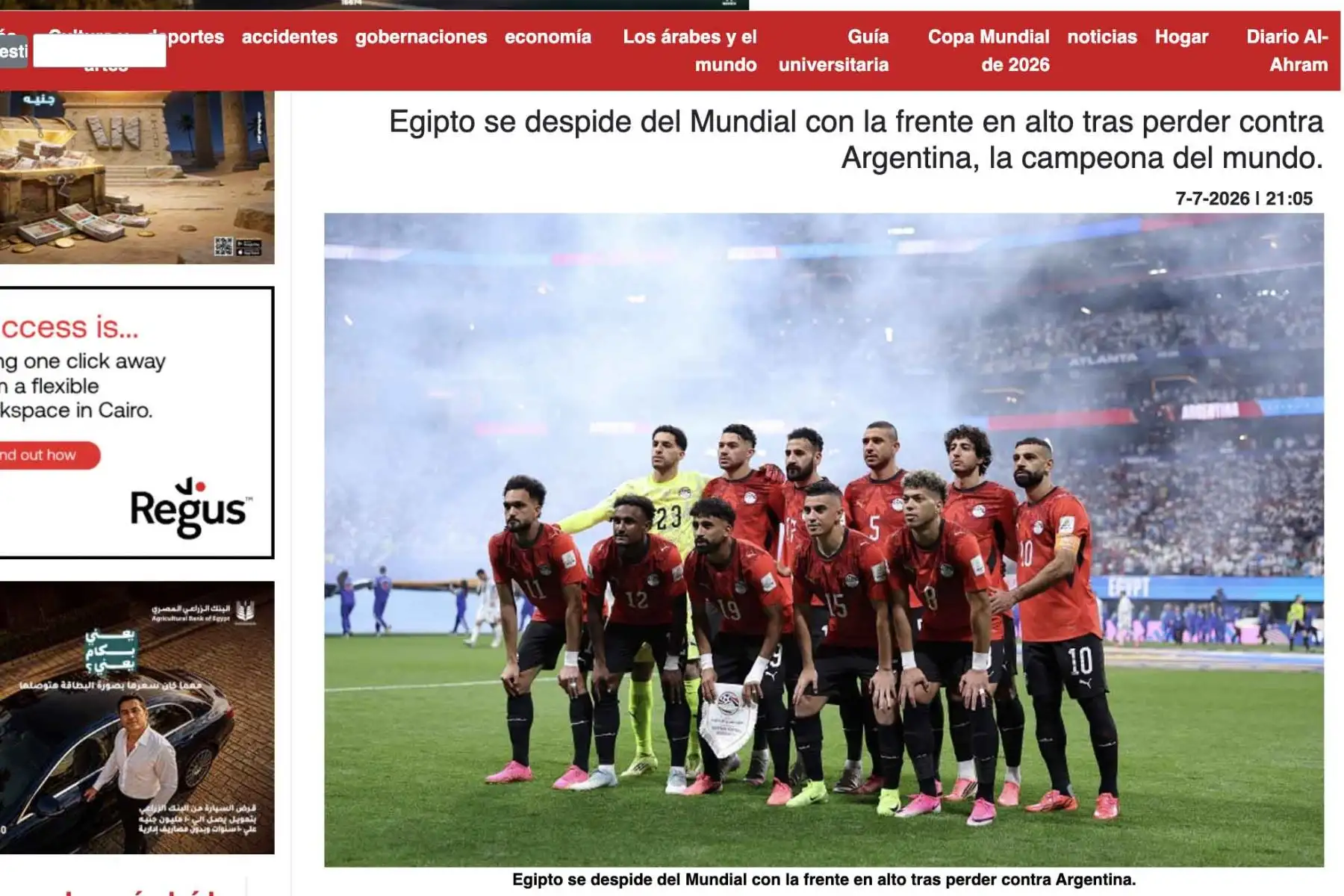 La prensa egipcia resaltó el esfuerzo de su selección pese a la derrota 3-2 ante Argentina en el Mundial 2026. En sus titulares destacó una despedida “con la frente en alto”, un “partido histórico y emocionante” y una actuación valiente tras un encuentro en el que Egipto ganaba 2-0. Foto: ANDINA/Captura de pantalla