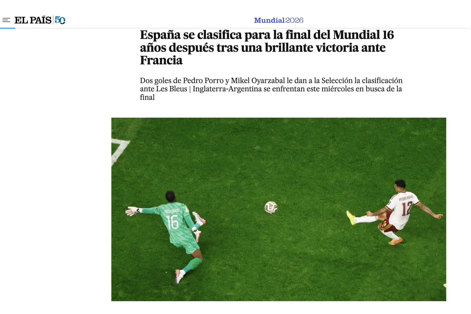 El País. Así reacciona la prensa española tras la clasificación de su selección a la final del Mundial 2026. España derrotó 2-0 a Francia y jugará la final de este domingo en Nueva York. Foto: Captura